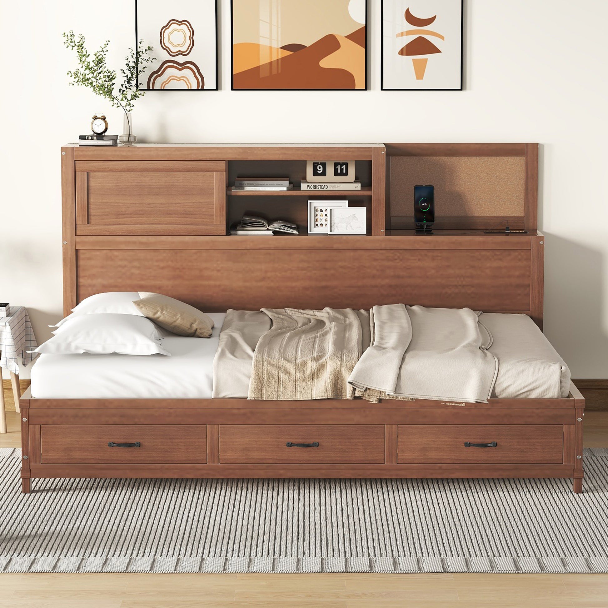 Full Size Wooden Daybed With 3 Storage Drawers, Upper Soft Board, Shelf, And A Set Of Sockets And Usb Ports, Brown Brown Solid Wood Mdf