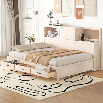 Full Size Wooden Daybed With 3 Storage Drawers, Upper Soft Board, Shelf, And A Set Of Sockets And Usb Ports, White White Solid Wood Mdf