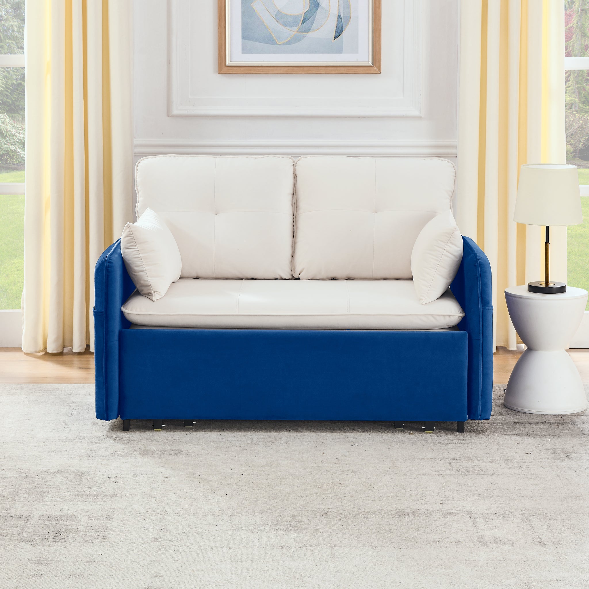 53" Modern Convertible Sofa Bed W 2 Removable Armrests W Usb Power Port, Velvet Recliner Adjustable Sofa W Head Pull Out Bed, 2 Pillows, For Living Room Apartment Etc., White Blue Beige Blue Foam