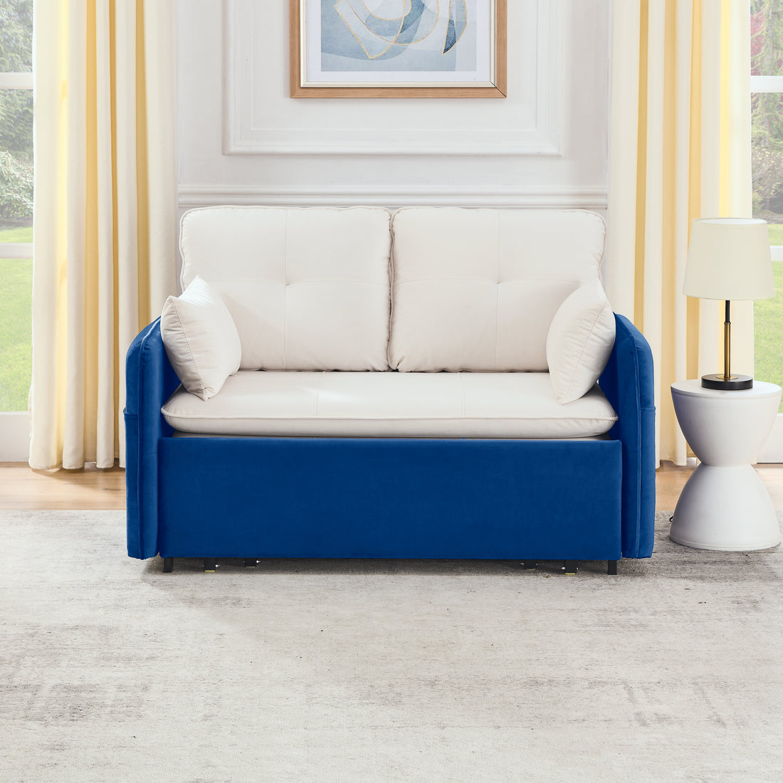 53" Modern Convertible Sofa Bed W 2 Removable Armrests W Usb Power Port, Velvet Recliner Adjustable Sofa W Head Pull Out Bed, 2 Pillows, For Living Room Apartment Etc., White Blue Beige Blue Foam