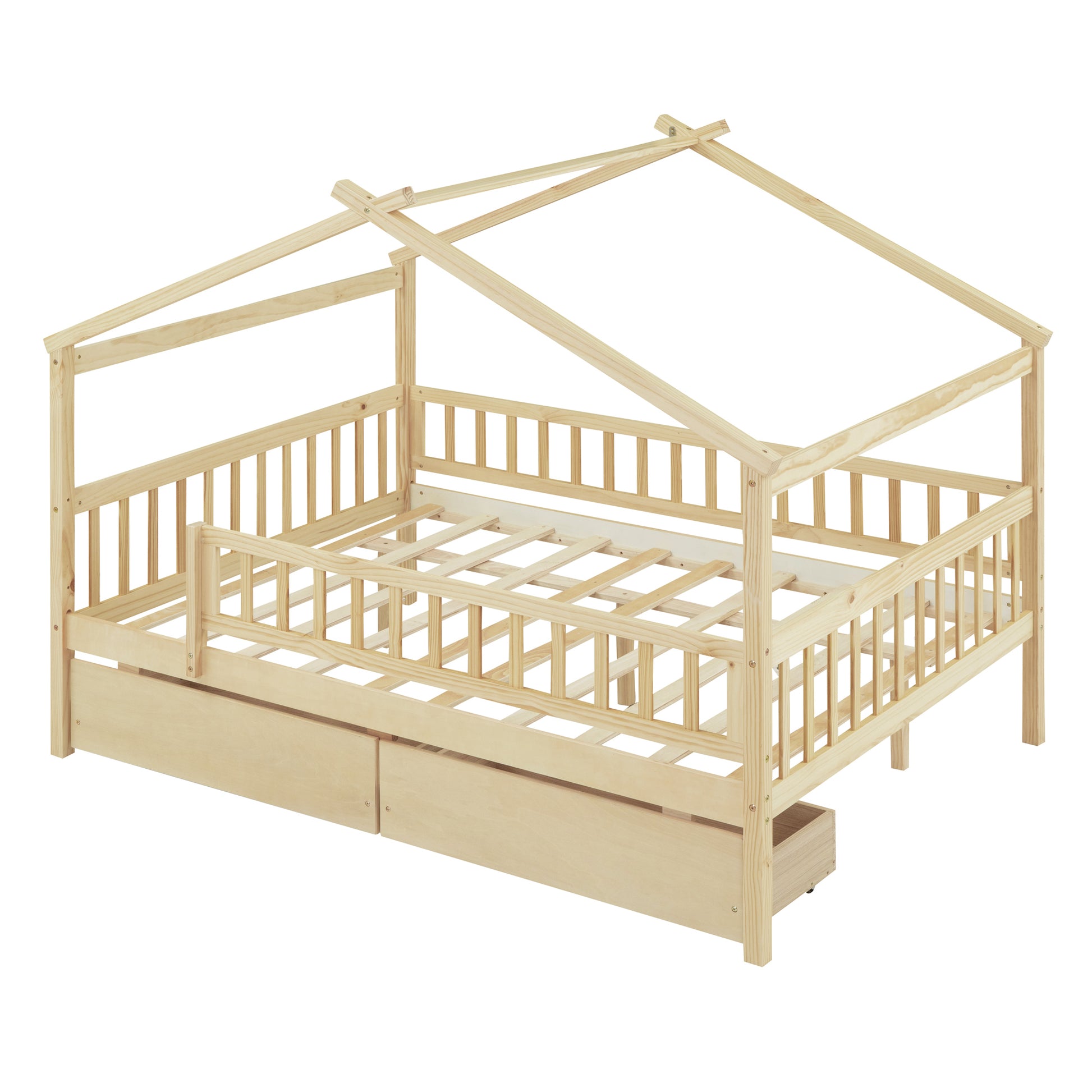 Full Size Wooden House Bed With Two Drawers, Natural Box Spring Not Required Full Natural Wood Bedroom Pine Bed Frame Wood