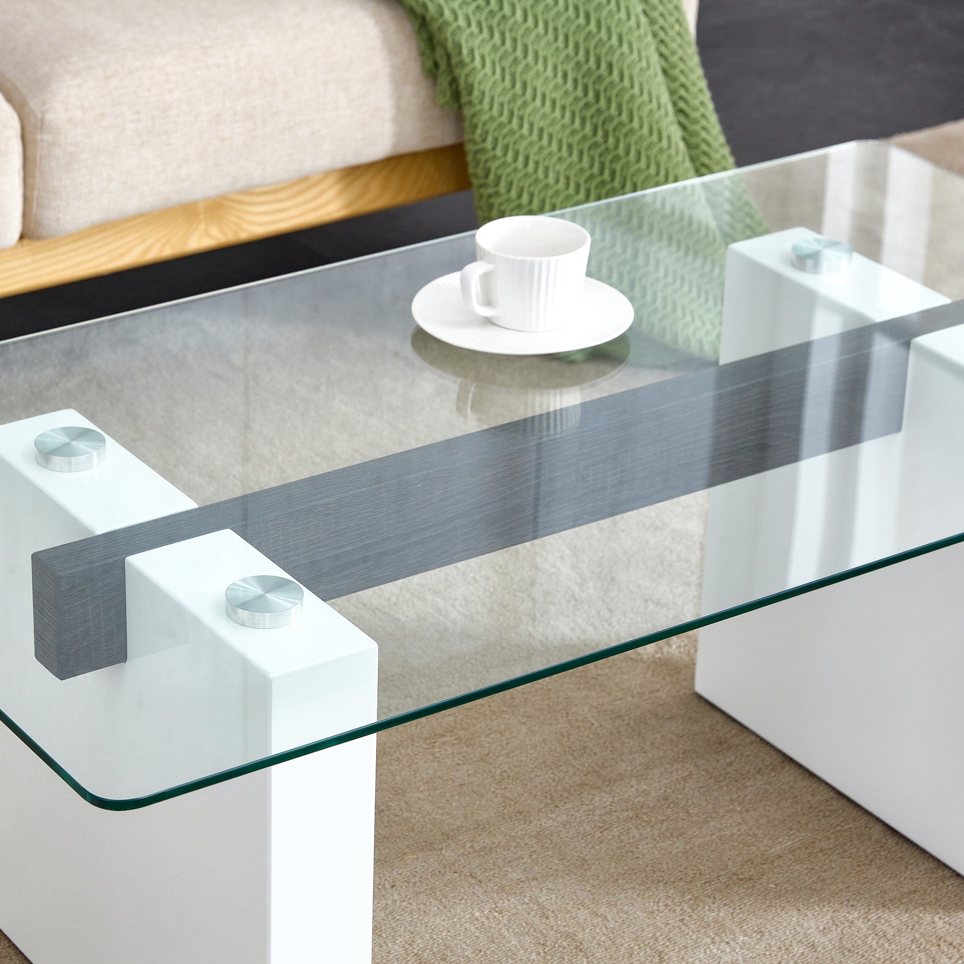 Modern Minimalist Transparent Tempered Glass Coffee Tablepaired With White Mdf Decorative Columns. Computer Desk. Game Table. Ct 1546 Transparent Glass