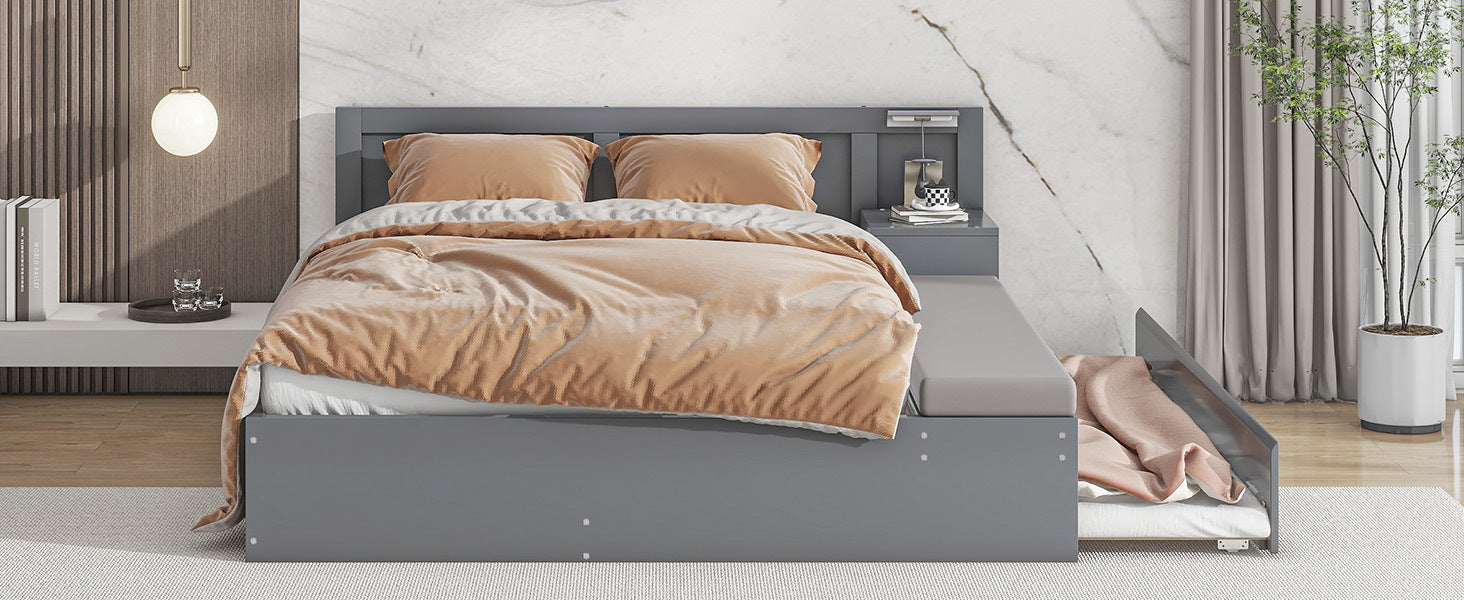 Full Size Wood Storage Hydraulic Platform Bed With Twin Size Trundle, Side Table And Lounge, Gray Box Spring Not Required Full Gray Wood Bedroom Bed Frame Solid Wood Mdf
