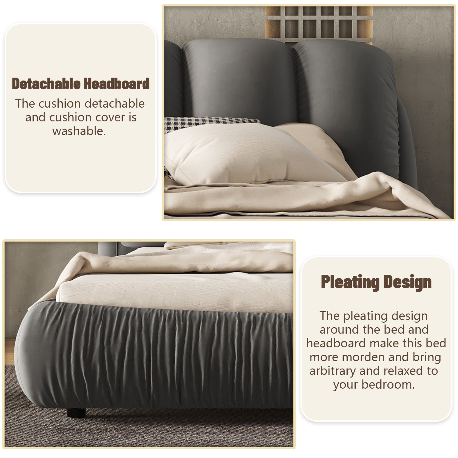 Queen Size Luxury Upholstered Bed With Thick Headboard, Velvet Queen Bed With Oversized Padded Backrest, Gray Expect Arrival Date 2024 4 2 Queen Gray Velvet