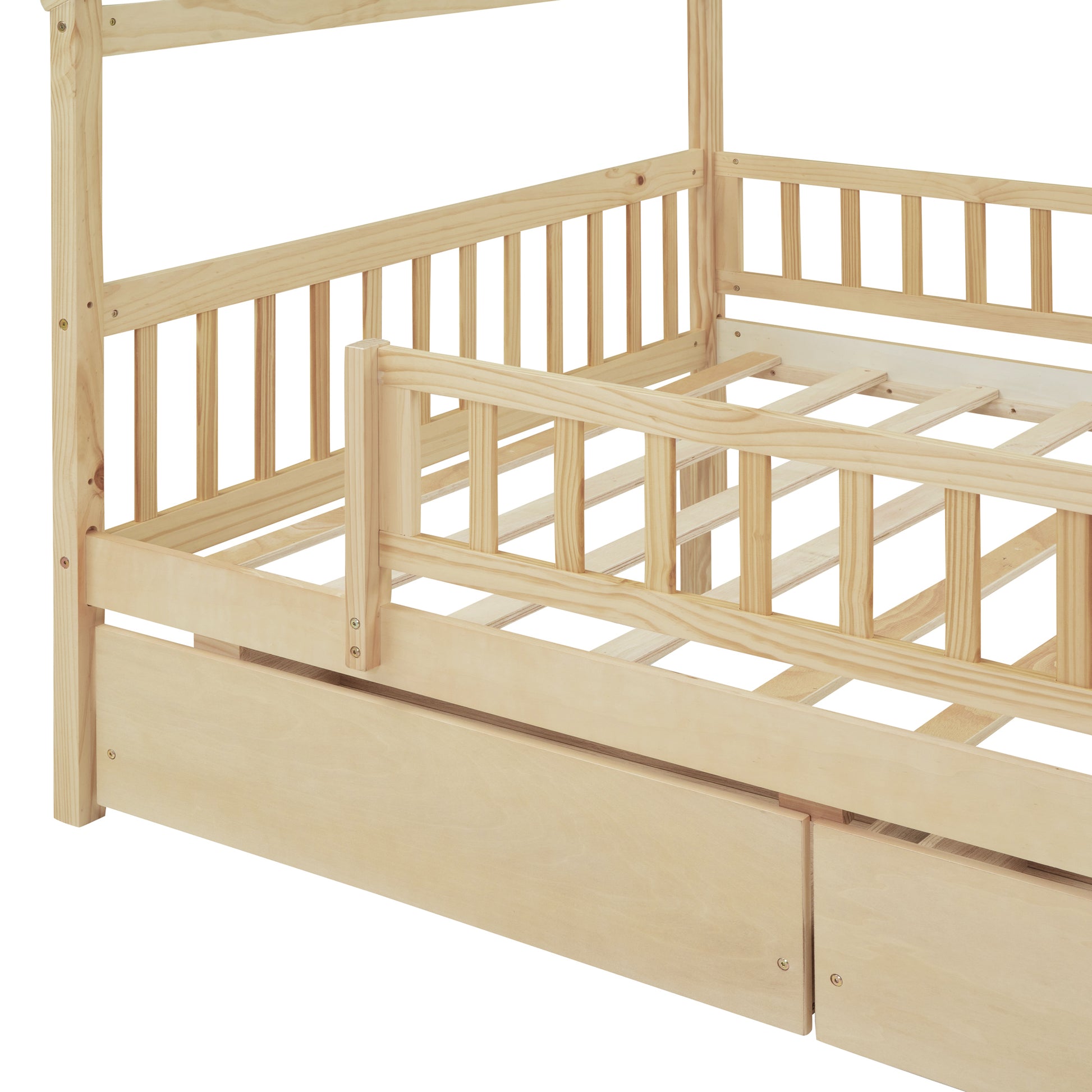Full Size Wooden House Bed With Two Drawers, Natural Box Spring Not Required Full Natural Wood Bedroom Pine Bed Frame Wood