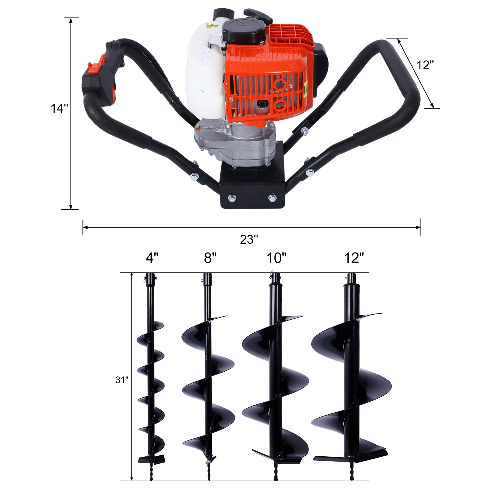 V Type 52Cc 2 Stroke Gas Post Hole Digger One Man Auger Epa Machine Plant Soil Digging Fence Withhole Digger Replacement Auger Bits L4" L8" L10" L12" Black Steel