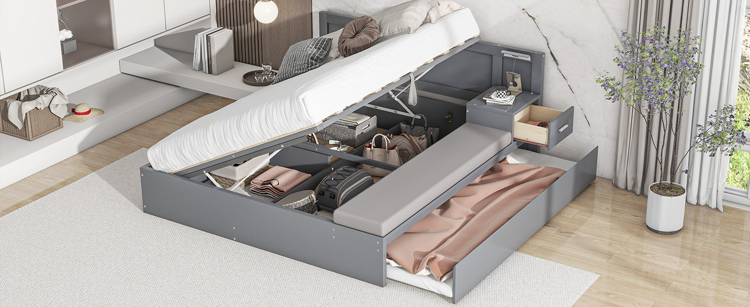 Full Size Wood Storage Hydraulic Platform Bed With Twin Size Trundle, Side Table And Lounge, Gray Box Spring Not Required Full Gray Wood Bedroom Bed Frame Solid Wood Mdf
