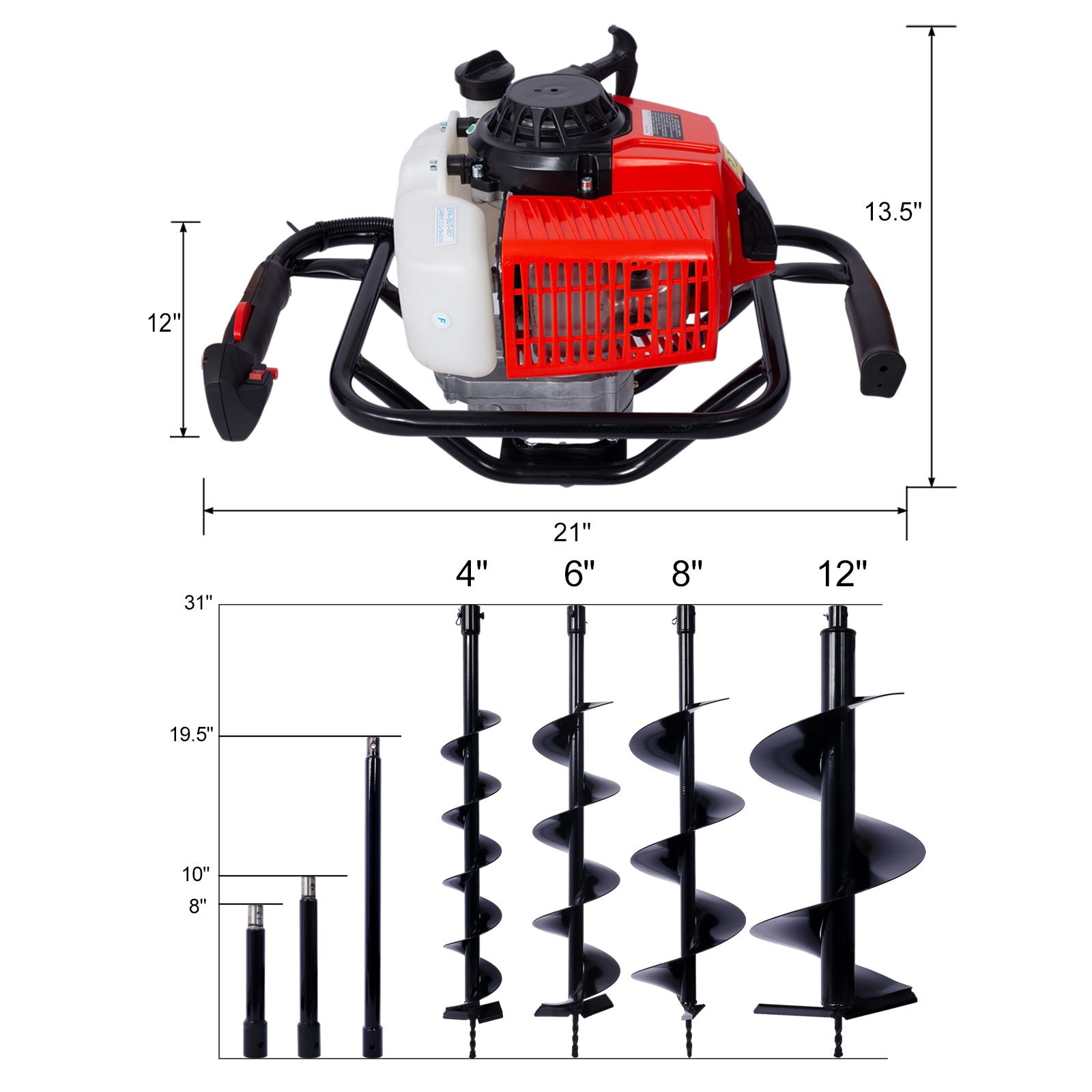 2.7Hp Post Hole Digger 63Cc Gas Powered 2 Stroke Auger Digging Drill Shaft Size 3 4" ,Epa Certificated With L4" L6" L8" L12" Drill Bits Ext Rod Kits Black Steel