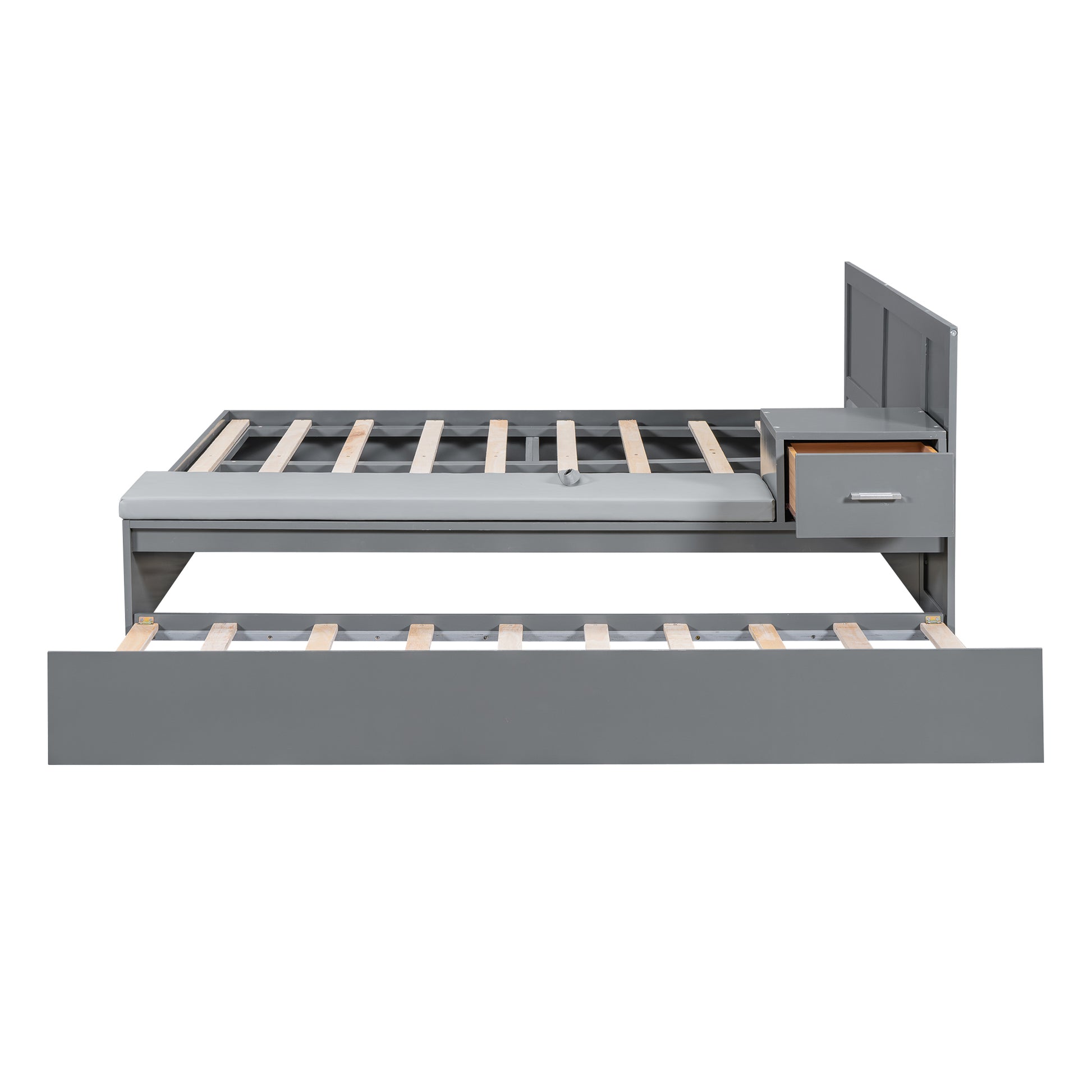 Full Size Wood Storage Hydraulic Platform Bed With Twin Size Trundle, Side Table And Lounge, Gray Box Spring Not Required Full Gray Wood Bedroom Bed Frame Solid Wood Mdf