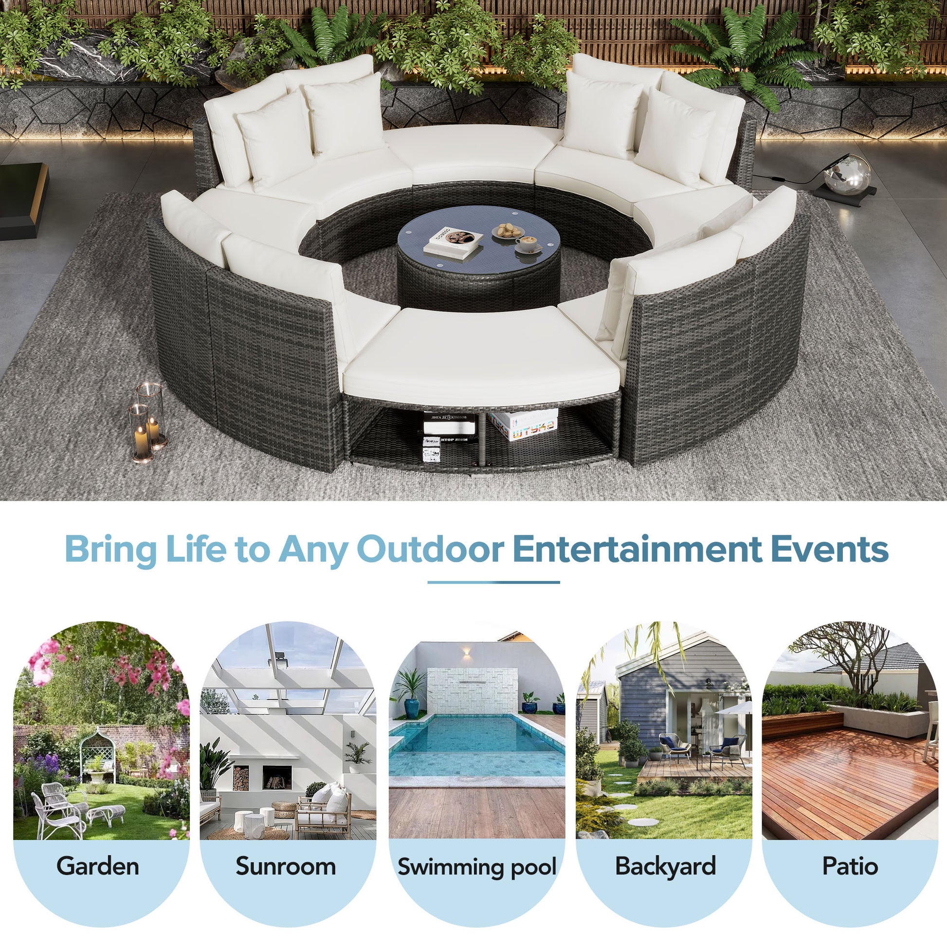 Outdoor Patio Furniture Luxury Circular Outdoor Sofa Set Rattan Wicker Sectional Sofa Lounge Set With Tempered Glass Coffee Table, 6 Pillows,Beige Yes Beige Water Resistant Frame Water Resistant Cushion Garden & Outdoor Sectional Seating Groups Foam