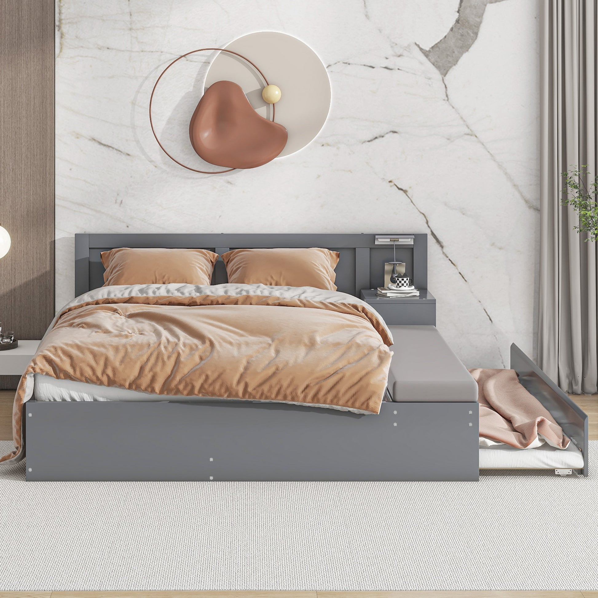 Full Size Wood Storage Hydraulic Platform Bed With Twin Size Trundle, Side Table And Lounge, Gray Box Spring Not Required Full Gray Wood Bedroom Bed Frame Solid Wood Mdf