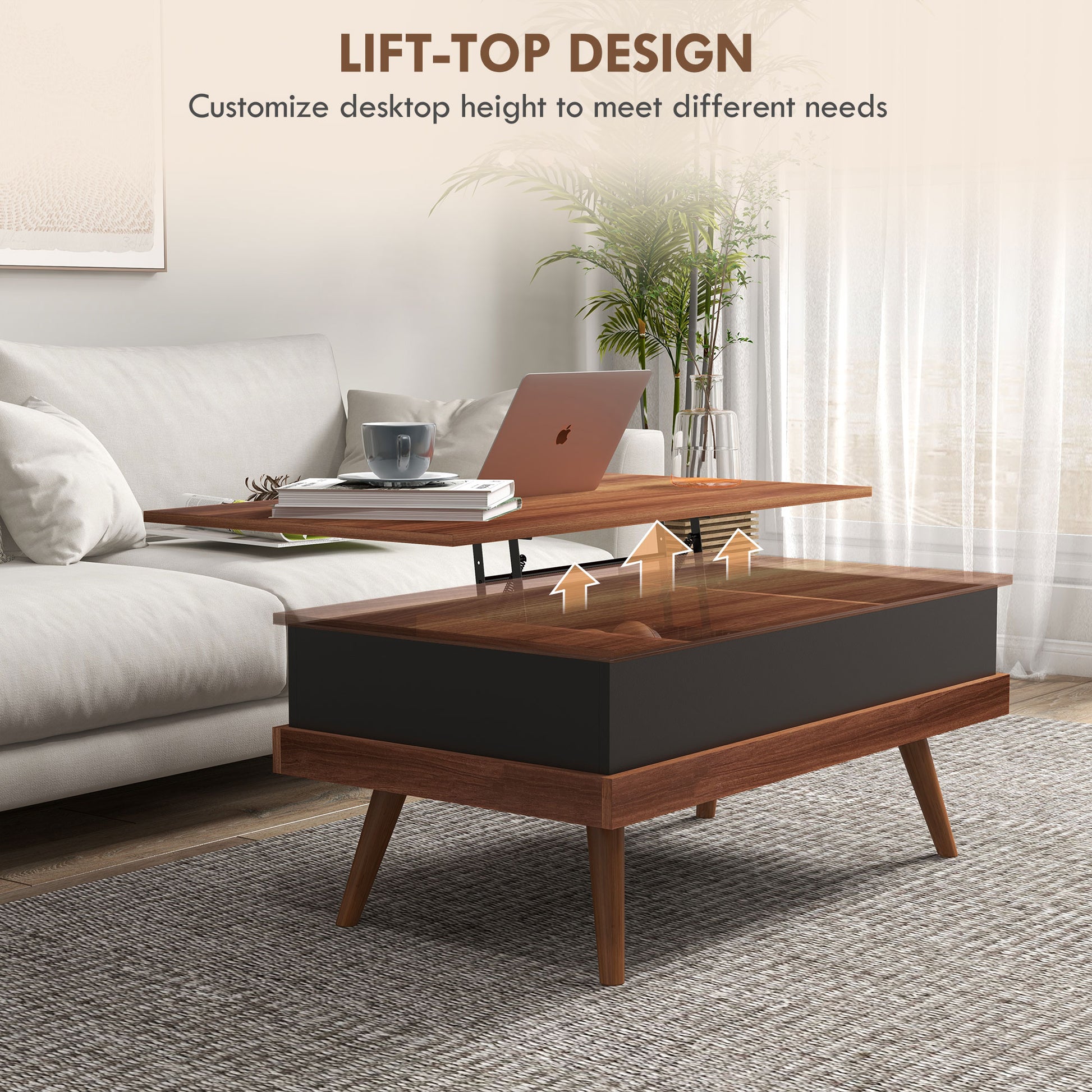 Homcom Lift Top Coffee Table, 39.25" Coffee Table With Hidden Compartments And Wood Legs, Walnut Natural Particle Board