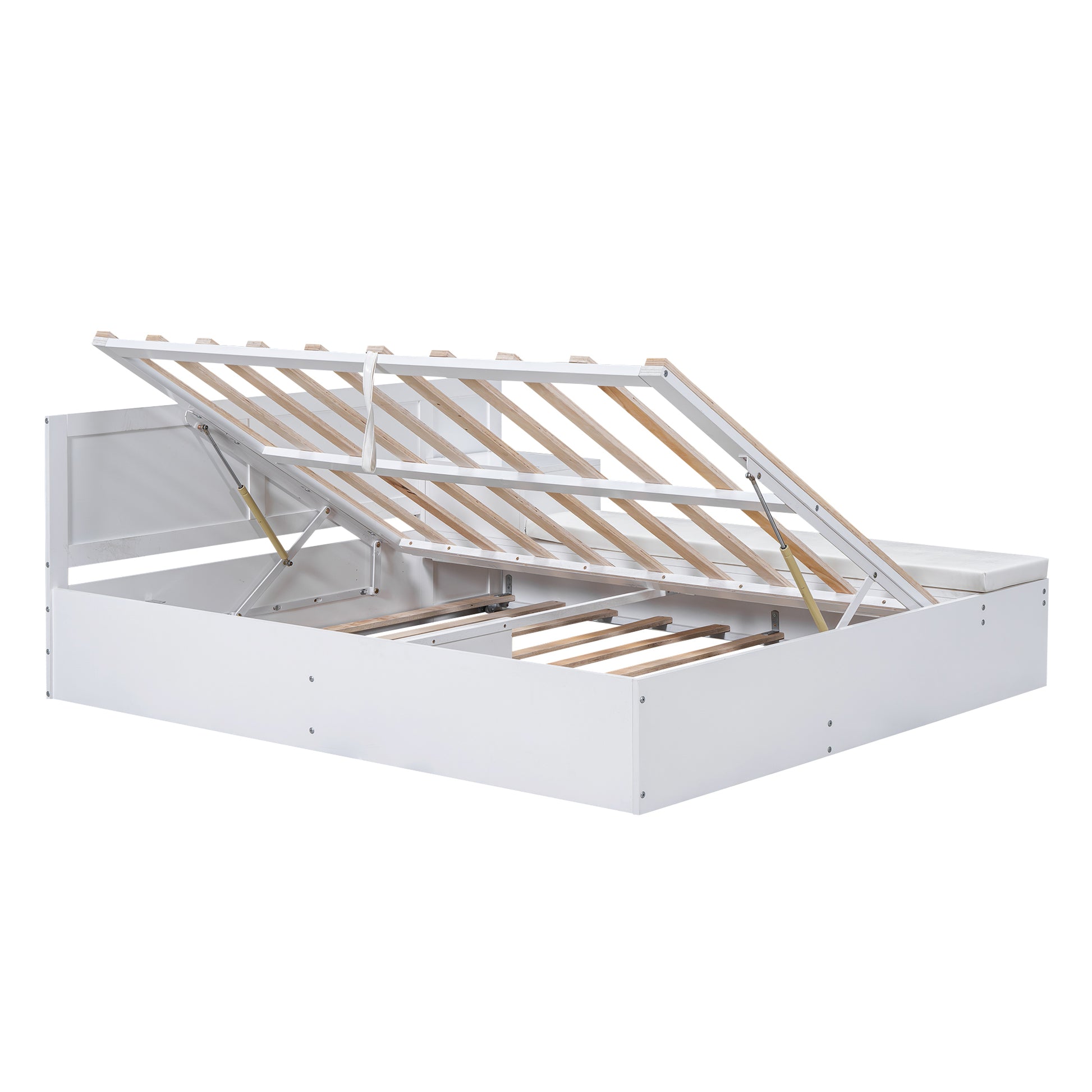 Full Size Wood Storage Hydraulic Platform Bed With Twin Size Trundle, Side Table And Lounge, White Box Spring Not Required Full White Wood Bedroom Bed Frame Solid Wood Mdf