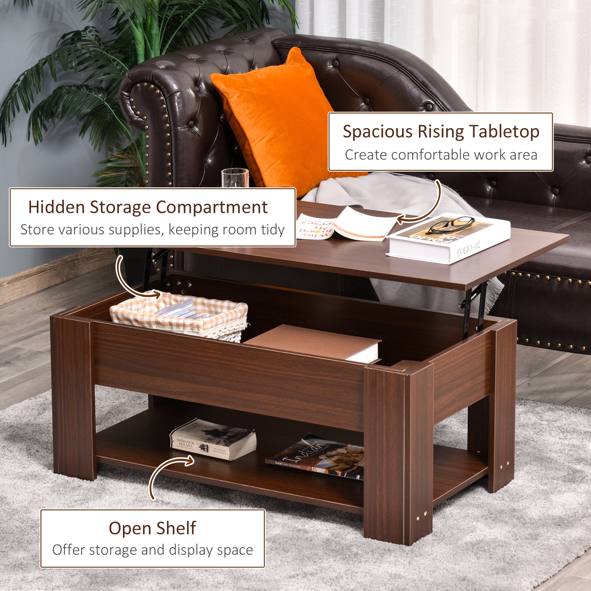 Homcom 39" Lift Top Coffee Table With Hidden Storage Compartment And Open Shelf, Pop Up Coffee Table For Living Room, Brown Brown Particle Board