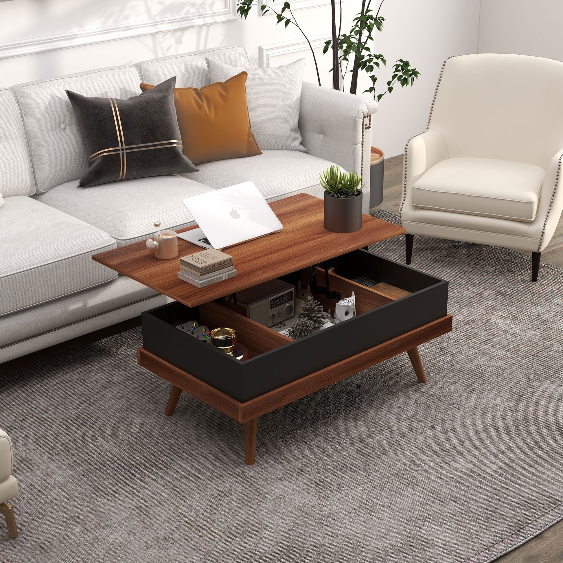 Homcom Lift Top Coffee Table, 39.25" Coffee Table With Hidden Compartments And Wood Legs, Walnut Natural Particle Board