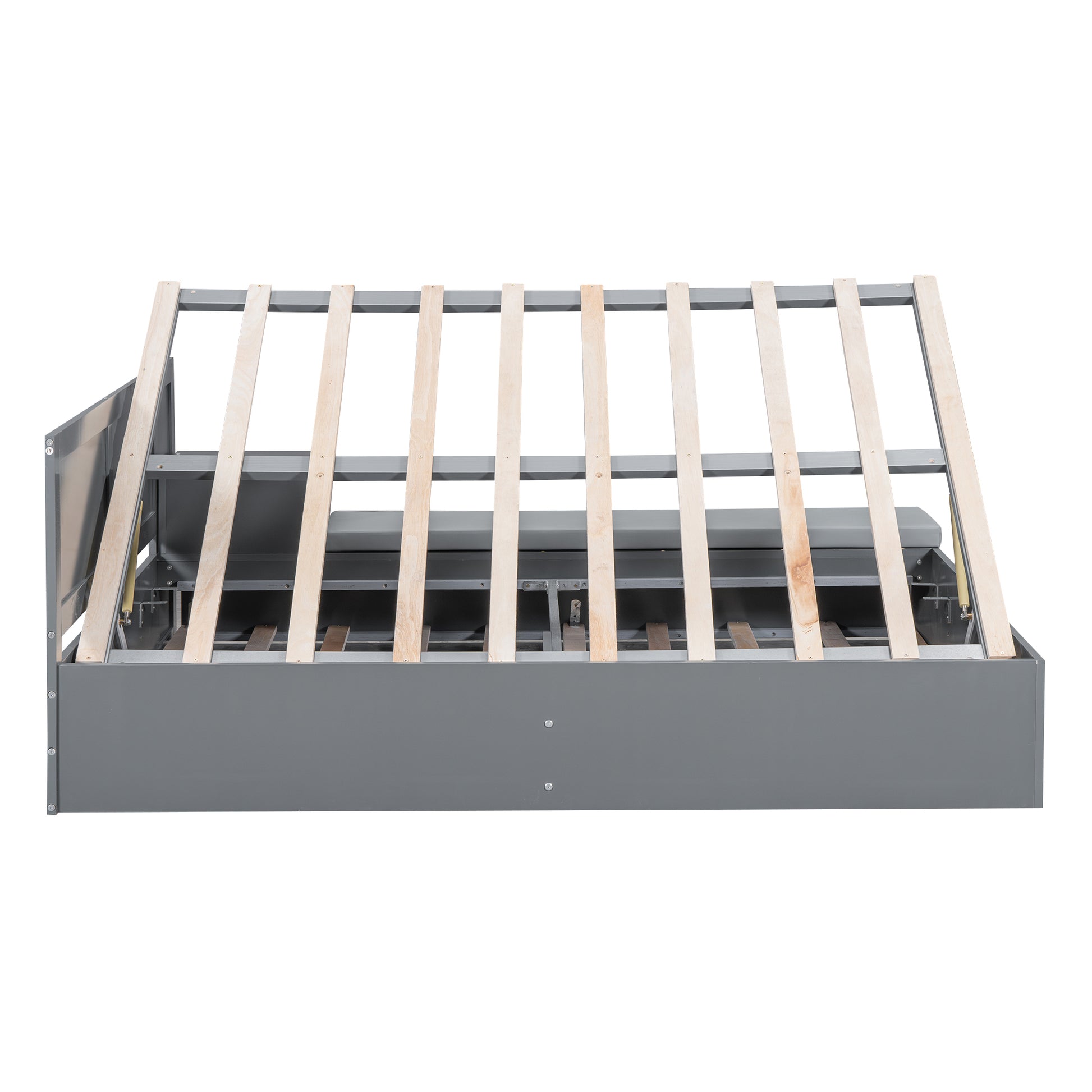 Full Size Wood Storage Hydraulic Platform Bed With Twin Size Trundle, Side Table And Lounge, Gray Box Spring Not Required Full Gray Wood Bedroom Bed Frame Solid Wood Mdf