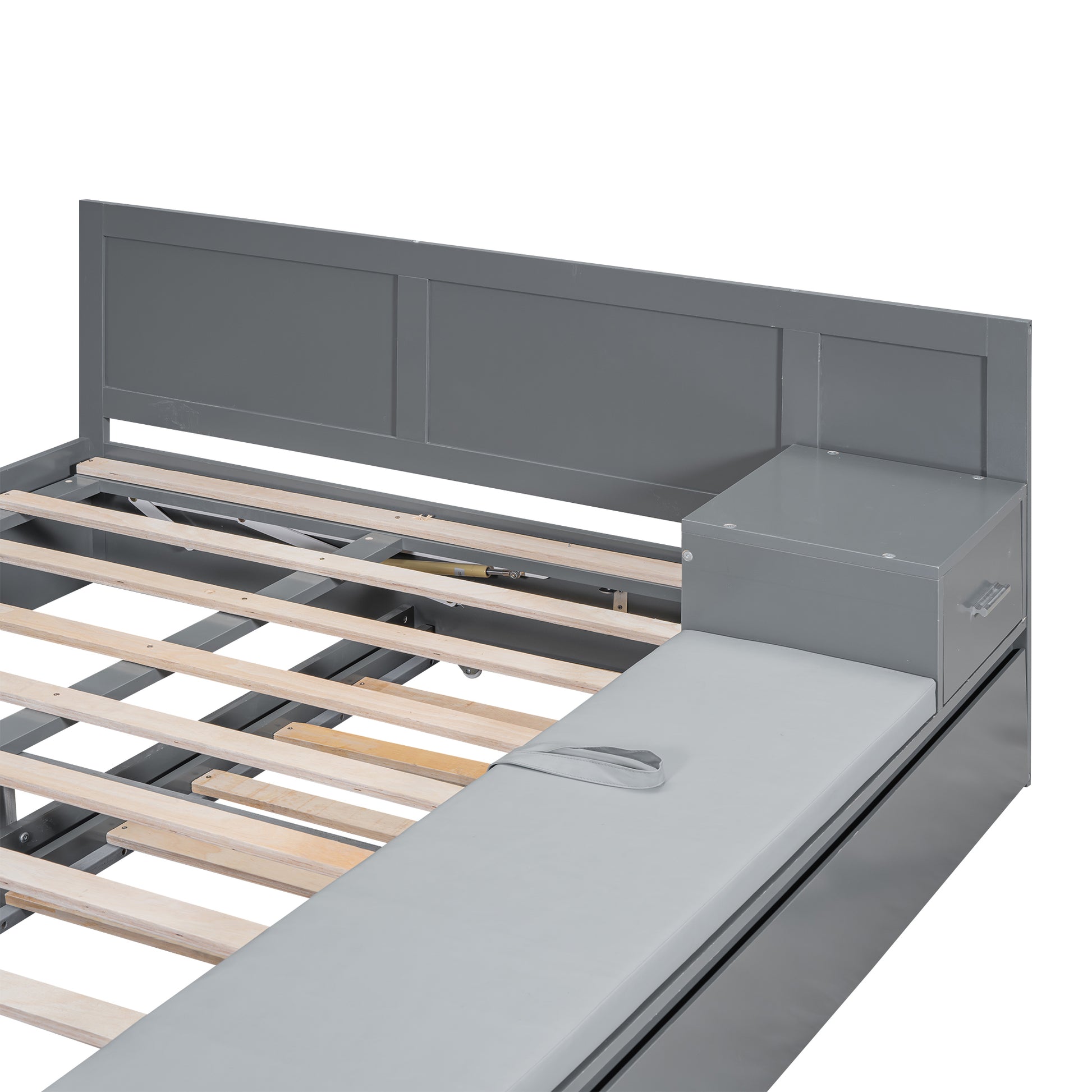 Full Size Wood Storage Hydraulic Platform Bed With Twin Size Trundle, Side Table And Lounge, Gray Box Spring Not Required Full Gray Wood Bedroom Bed Frame Solid Wood Mdf
