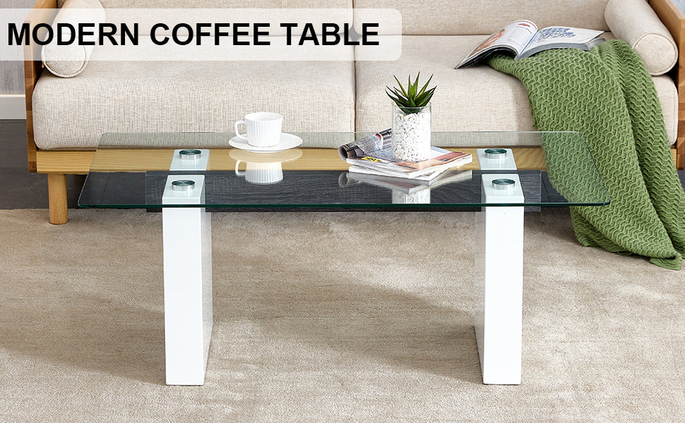 Modern Minimalist Transparent Tempered Glass Coffee Tablepaired With White Mdf Decorative Columns. Computer Desk. Game Table. Ct 1546 Transparent Glass
