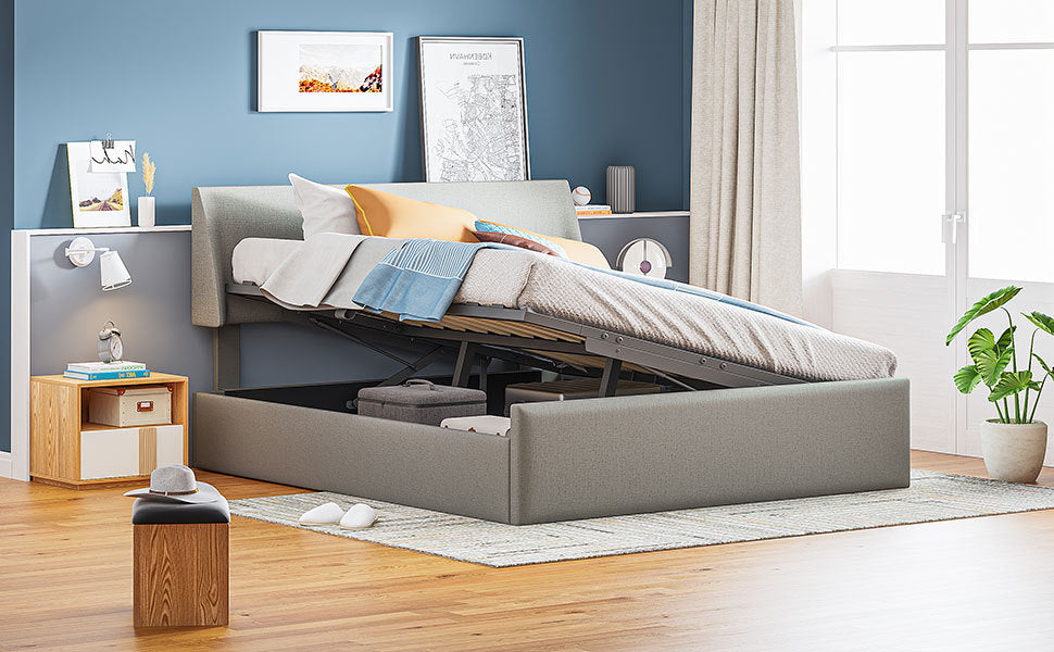 Queen Size Sleigh Bed With Side Tilt Hydraulic Storage System, Linen Upholstery, Gray Gray Linen