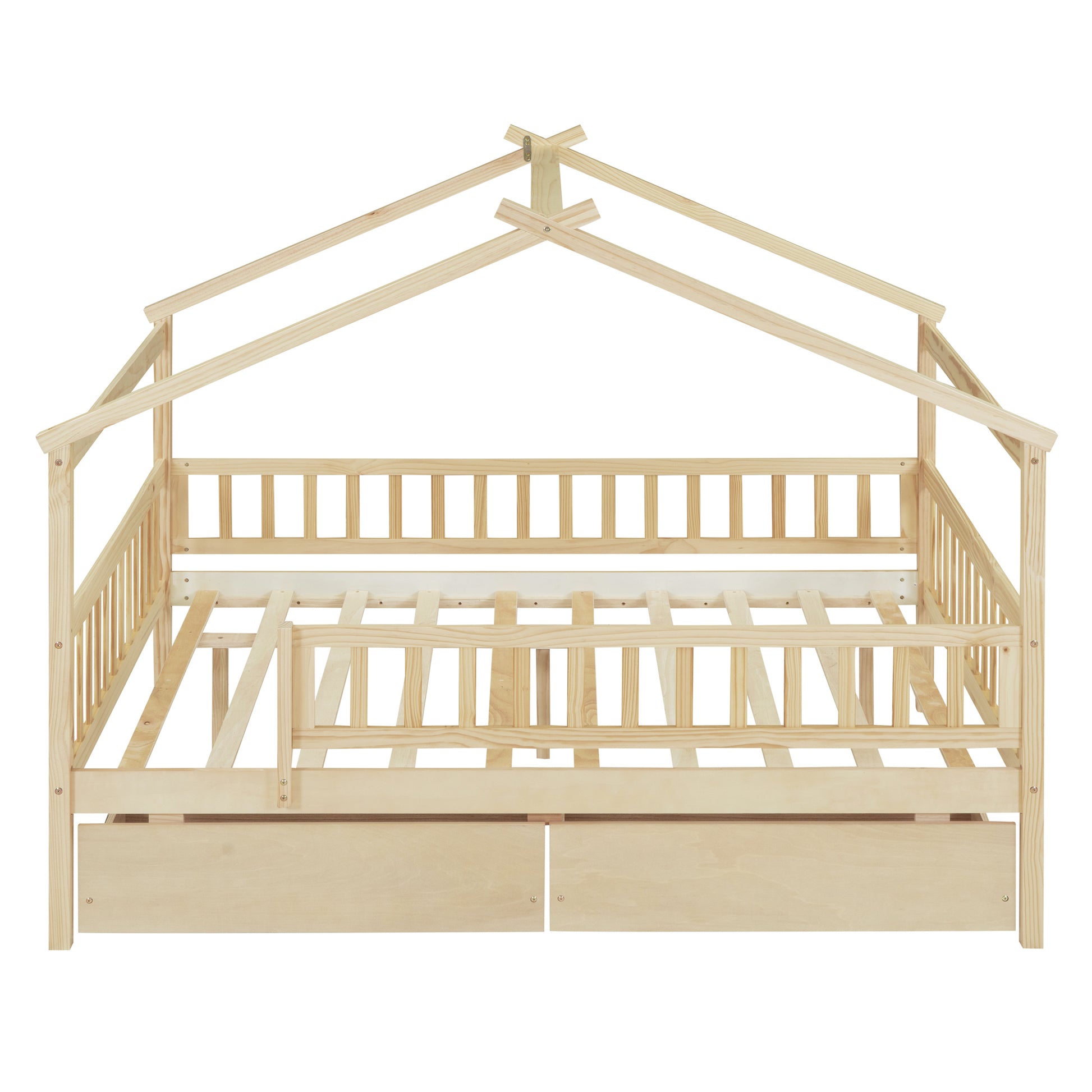 Full Size Wooden House Bed With Two Drawers, Natural Box Spring Not Required Full Natural Wood Bedroom Pine Bed Frame Wood