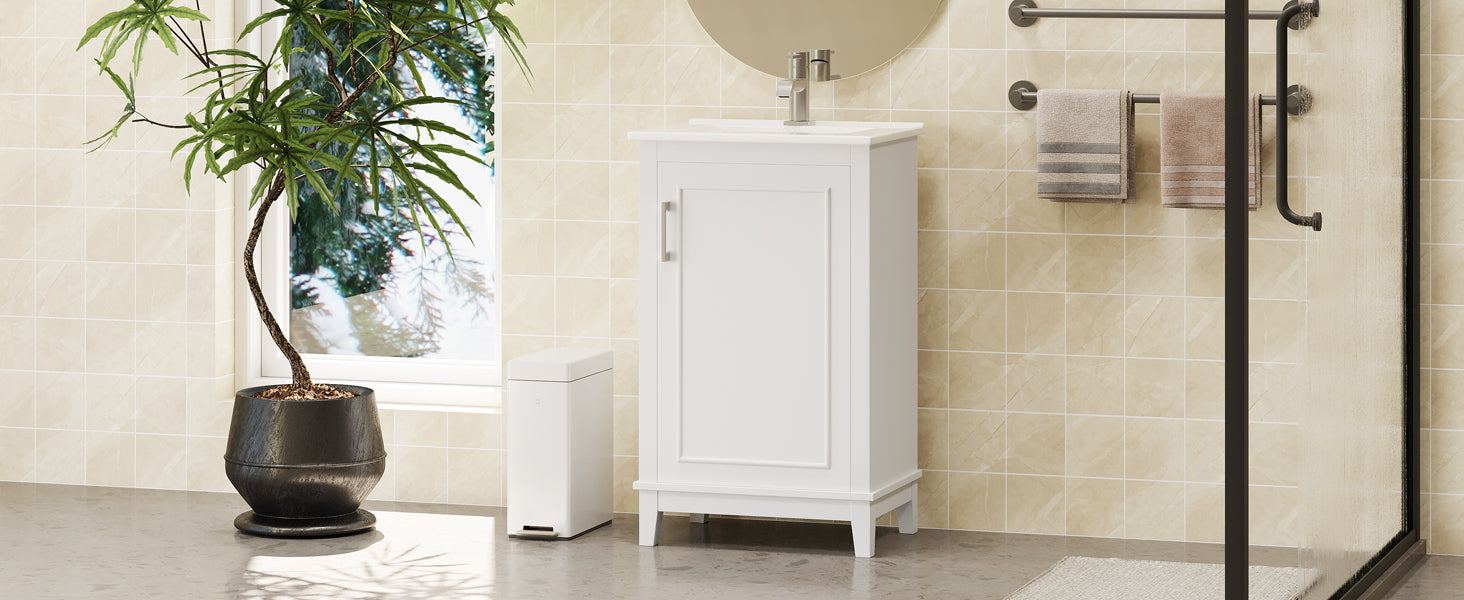 Viedo 20 Inch Modern Small Bathroom Vanity Cabinet With Ceramic Basin 20*15.5*33.3 Inches,Ample Storage,1 Soft Close Door White Solid Wood Mdf
