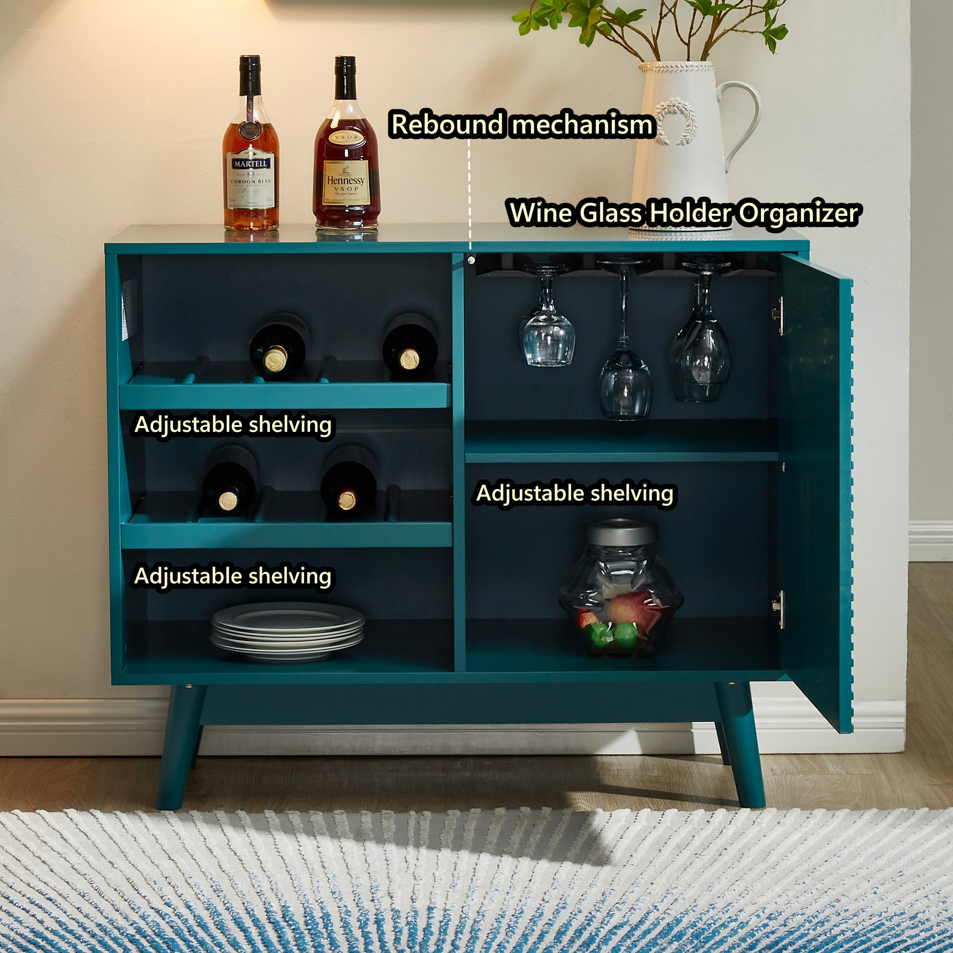 36" Sideboard Buffet Cabinet With Wine Storage Shelf, Storage Cabinet With Wine Glass Holder Organizer Teal Mdf