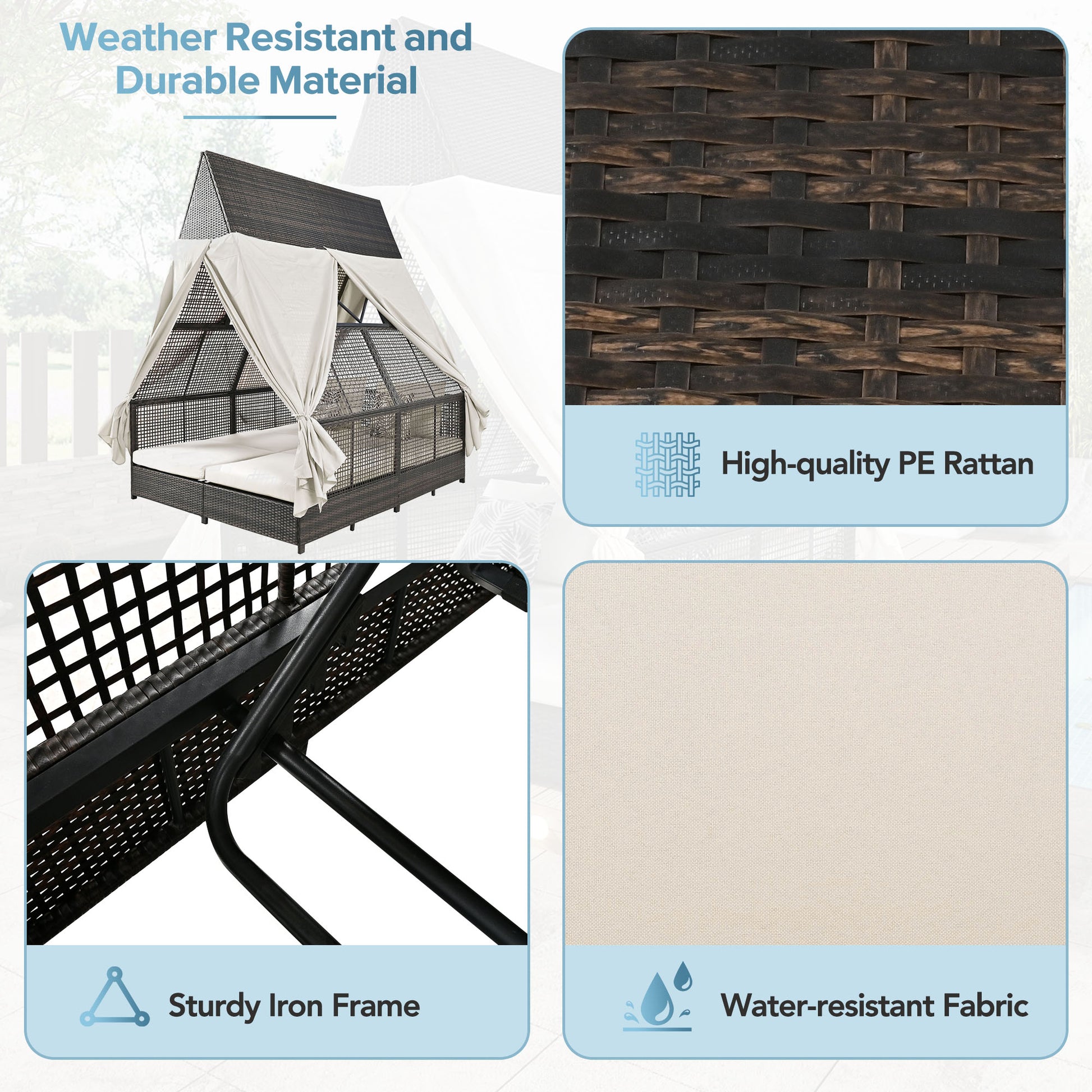 Outdoor Daybed Patio Lounge Bed With Adjustable Backrest Outdoor Double Sun Lounger With Curtains, 4 Pillows For Garden Patio Poolside Balcony Beach, Beige Yes Beige Water Resistant Frame Water Resistant Cushion Garden & Outdoor Sectional Seating Groups