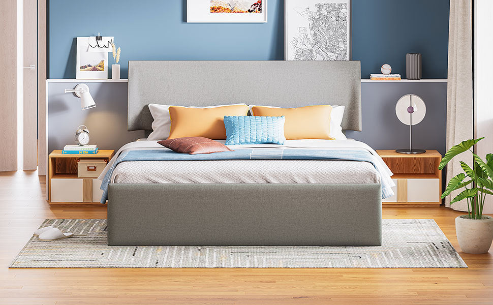 Queen Size Sleigh Bed With Side Tilt Hydraulic Storage System, Linen Upholstery, Gray Gray Linen