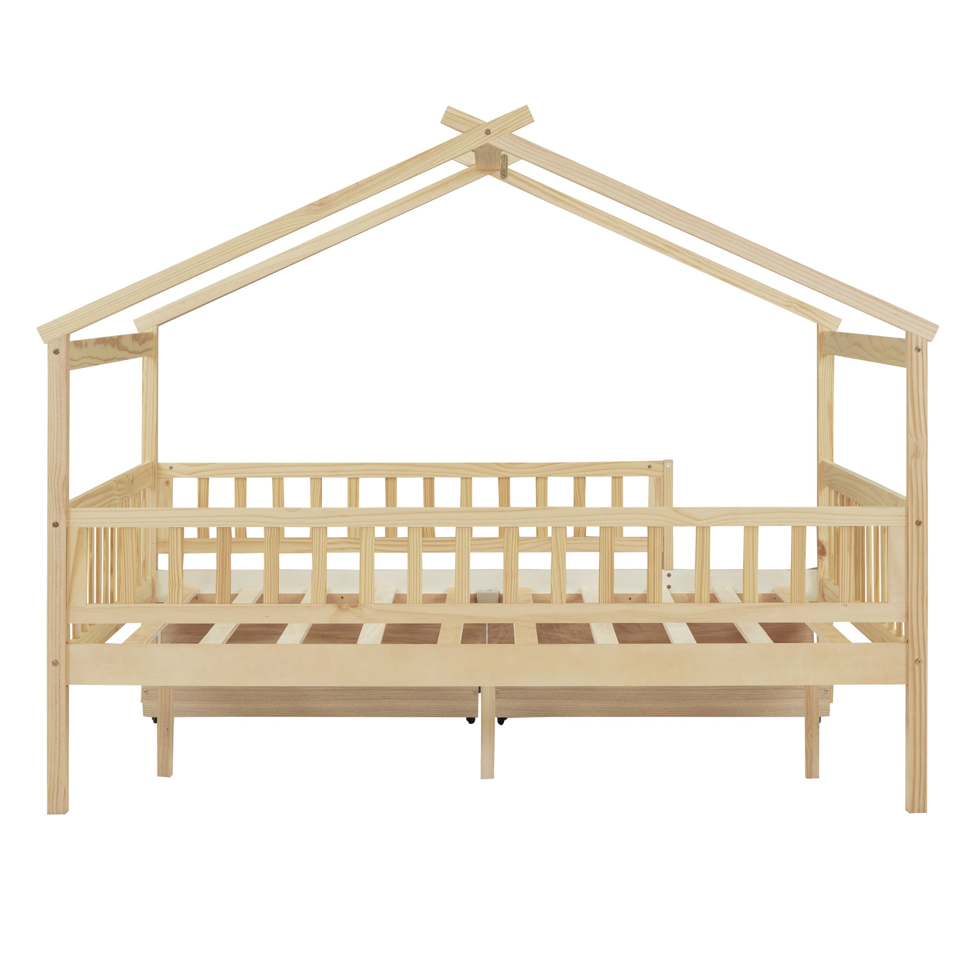 Full Size Wooden House Bed With Two Drawers, Natural Box Spring Not Required Full Natural Wood Bedroom Pine Bed Frame Wood