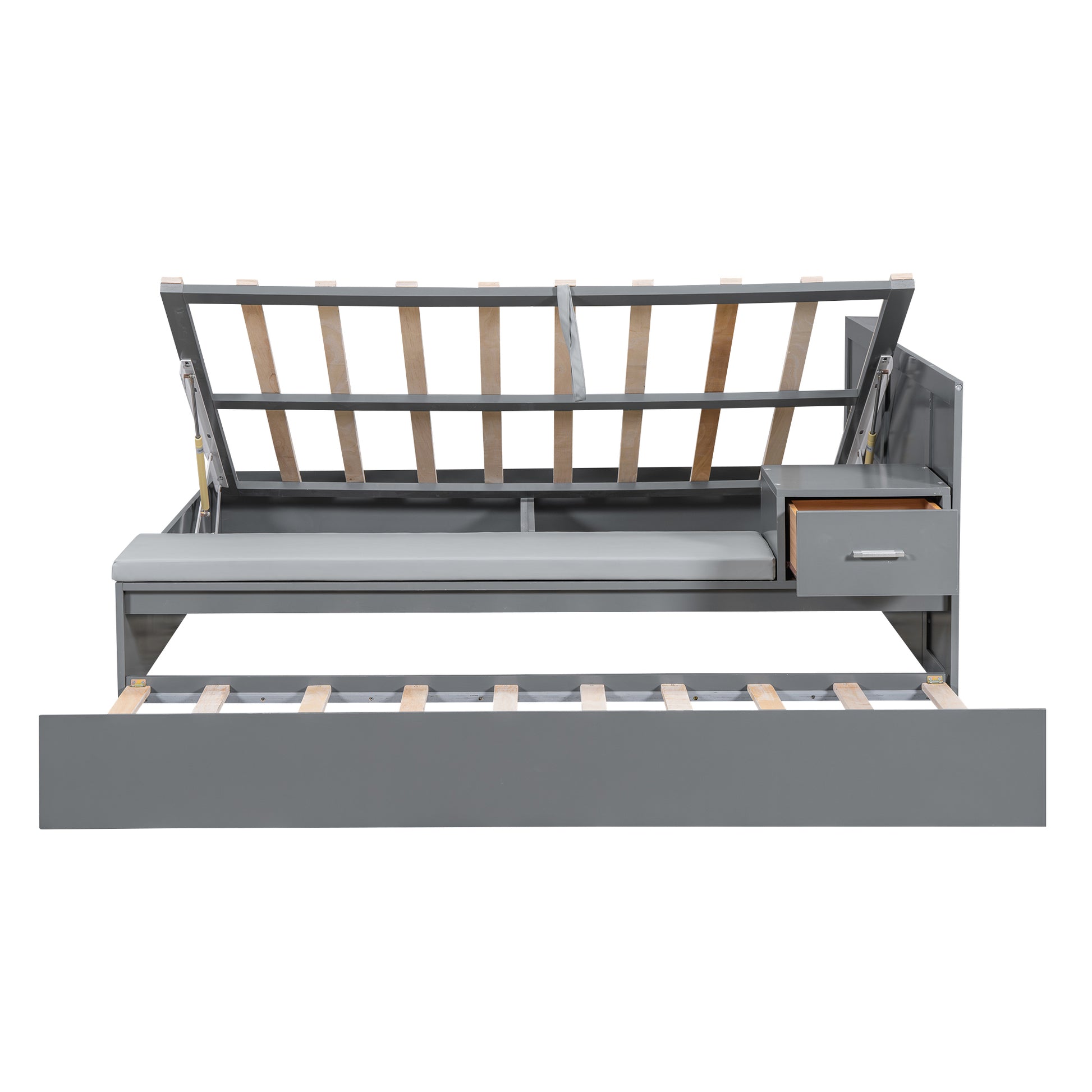 Full Size Wood Storage Hydraulic Platform Bed With Twin Size Trundle, Side Table And Lounge, Gray Box Spring Not Required Full Gray Wood Bedroom Bed Frame Solid Wood Mdf