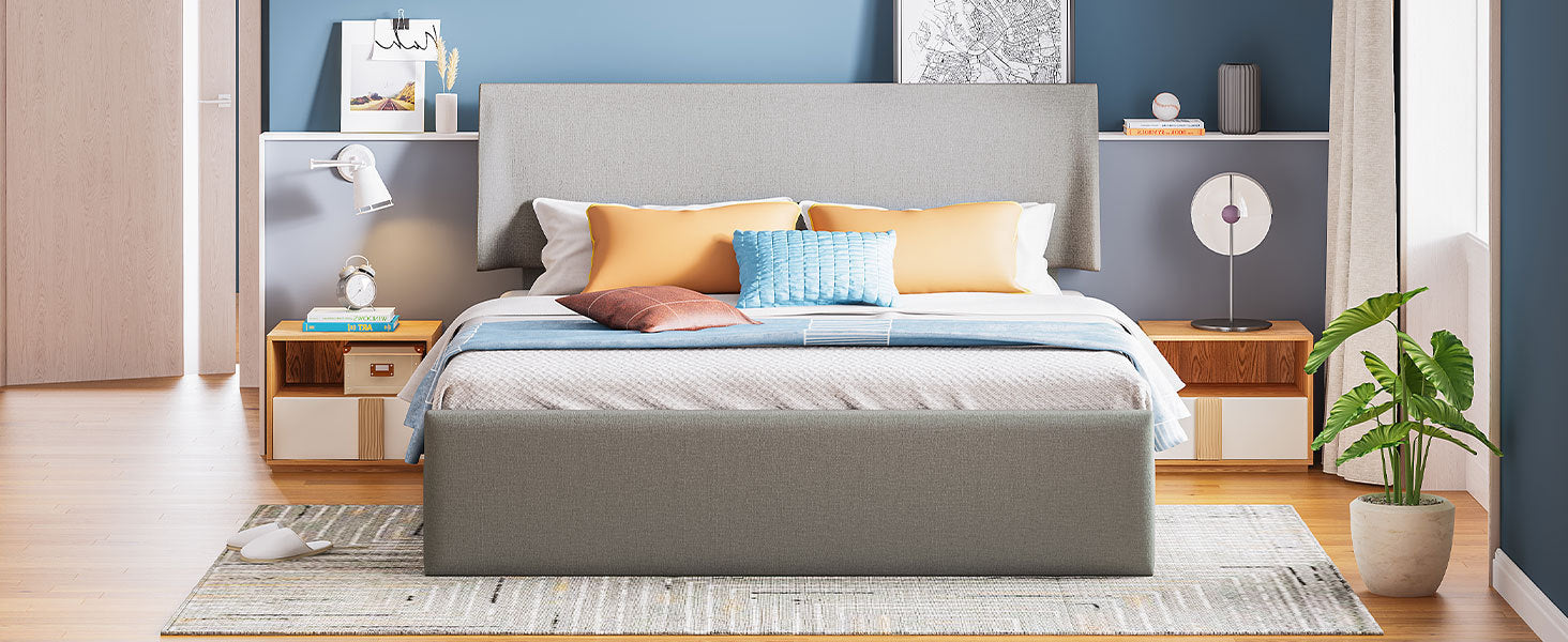 Queen Size Sleigh Bed With Side Tilt Hydraulic Storage System, Linen Upholstery, Gray Gray Linen