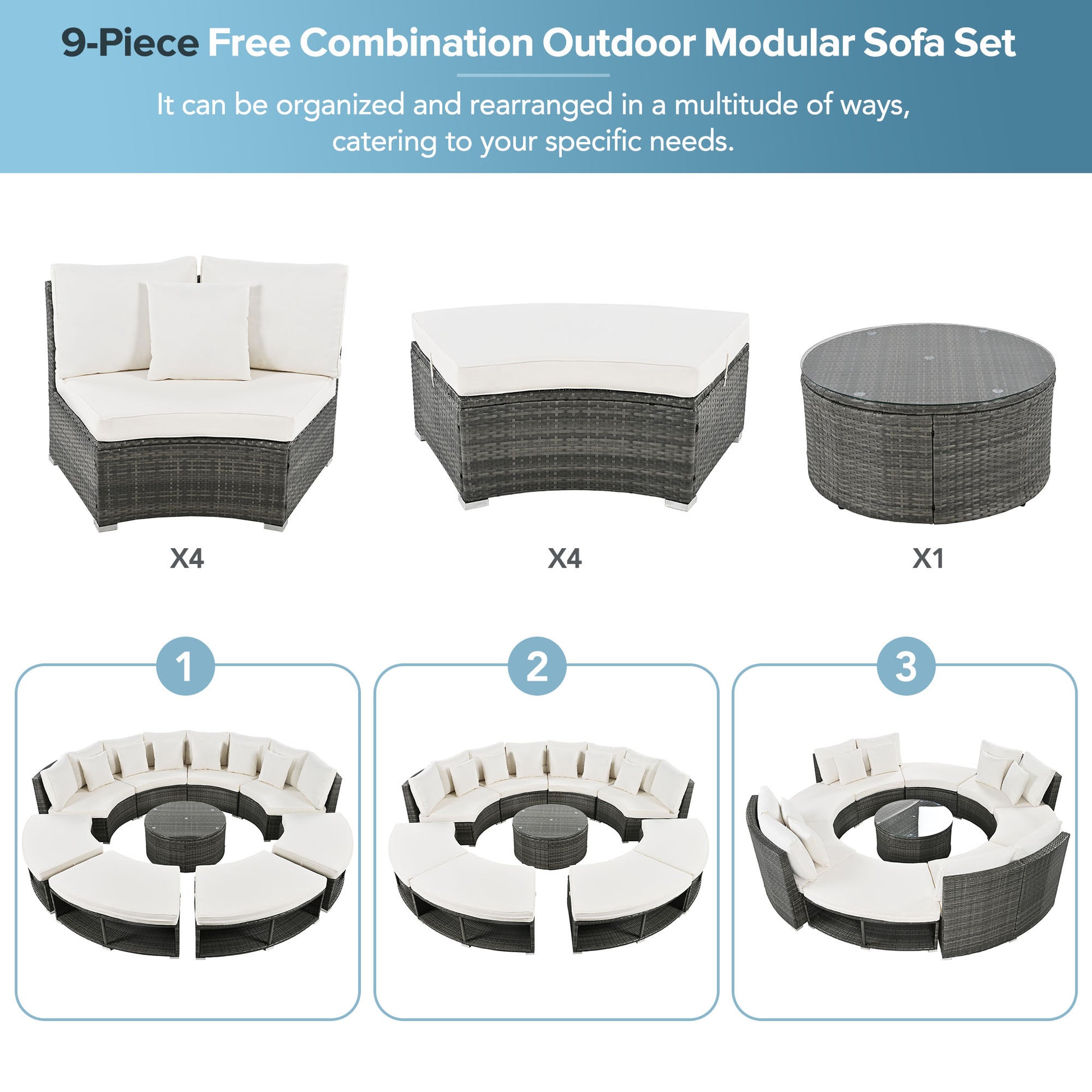 Outdoor Patio Furniture Luxury Circular Outdoor Sofa Set Rattan Wicker Sectional Sofa Lounge Set With Tempered Glass Coffee Table, 6 Pillows,Beige Yes Beige Water Resistant Frame Water Resistant Cushion Garden & Outdoor Sectional Seating Groups Foam