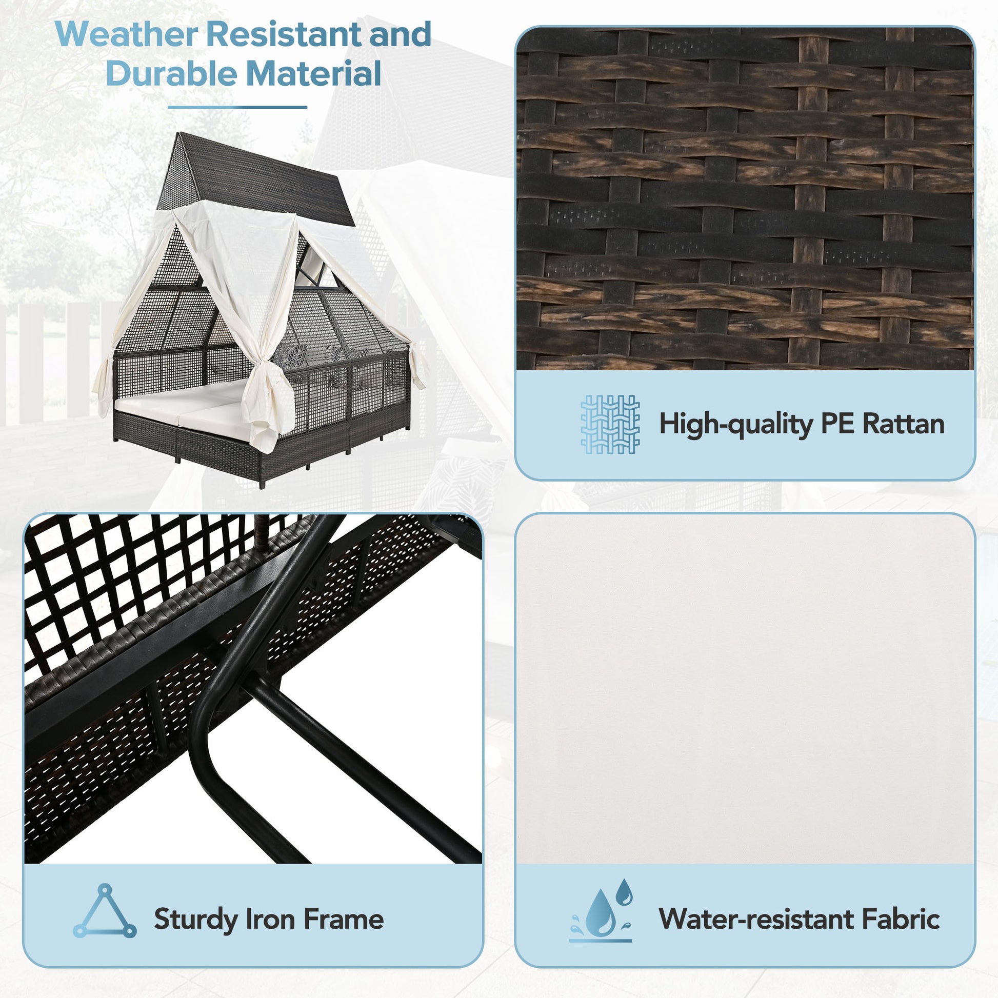 Outdoor Daybed Patio Lounge Bed With Adjustable Backrest Outdoor Double Sun Lounger With Curtains, 4 Pillows For Garden Patio Poolside Balcony Beach, Cream Yes Cream Water Resistant Frame Water Resistant Cushion Garden & Outdoor Sectional Seating Groups