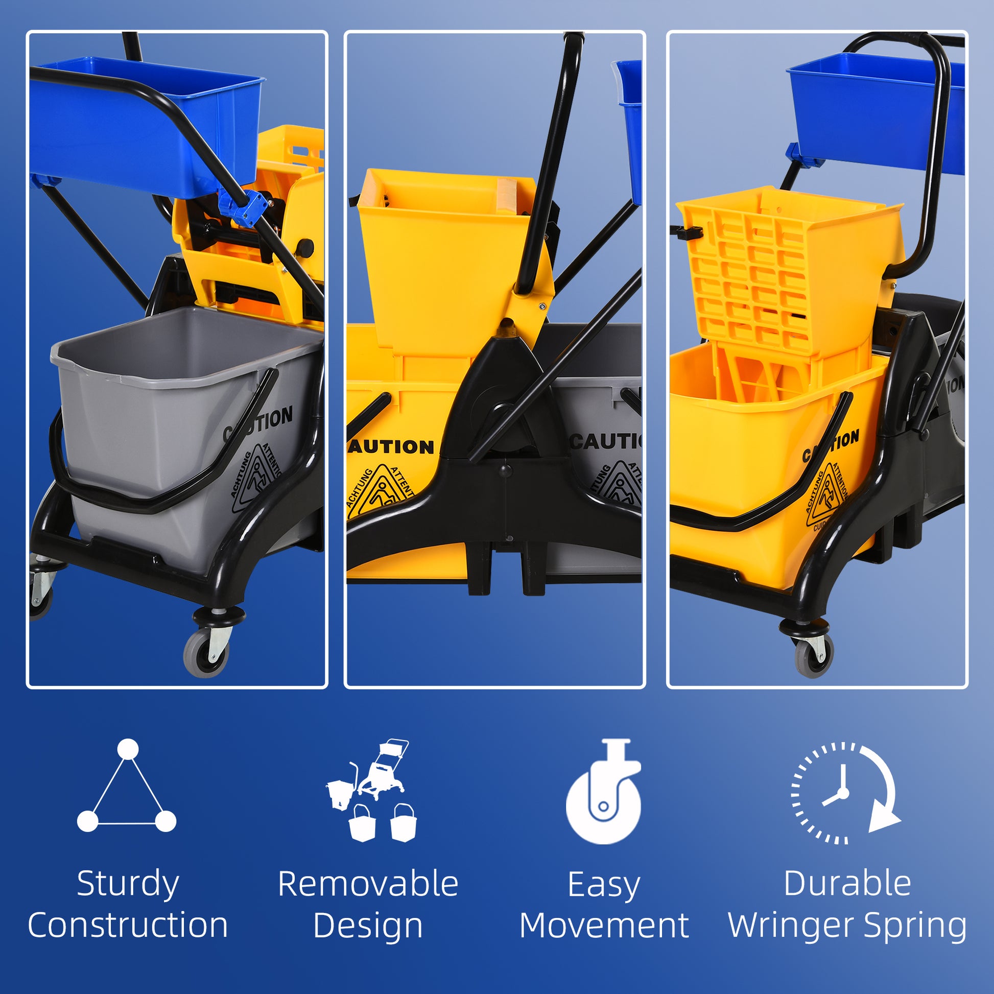 Homcom 6.9 Gallon Mop Water Bucket Wringer Cart With Easy To Use Side Press Wringer, Smooth Wheels, Mop Handle Holder Yellow Plastic