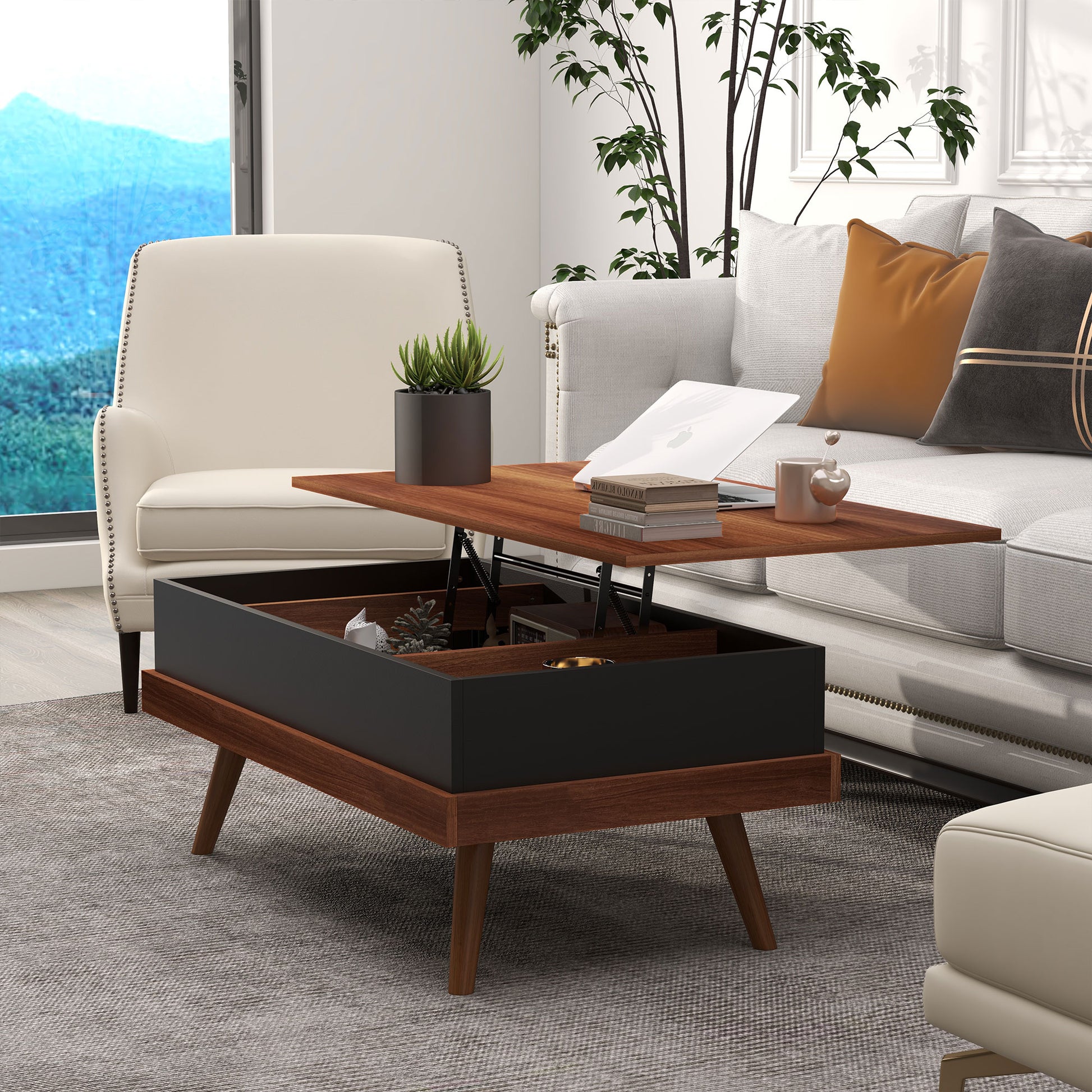 Homcom Lift Top Coffee Table, 39.25" Coffee Table With Hidden Compartments And Wood Legs, Walnut Natural Particle Board