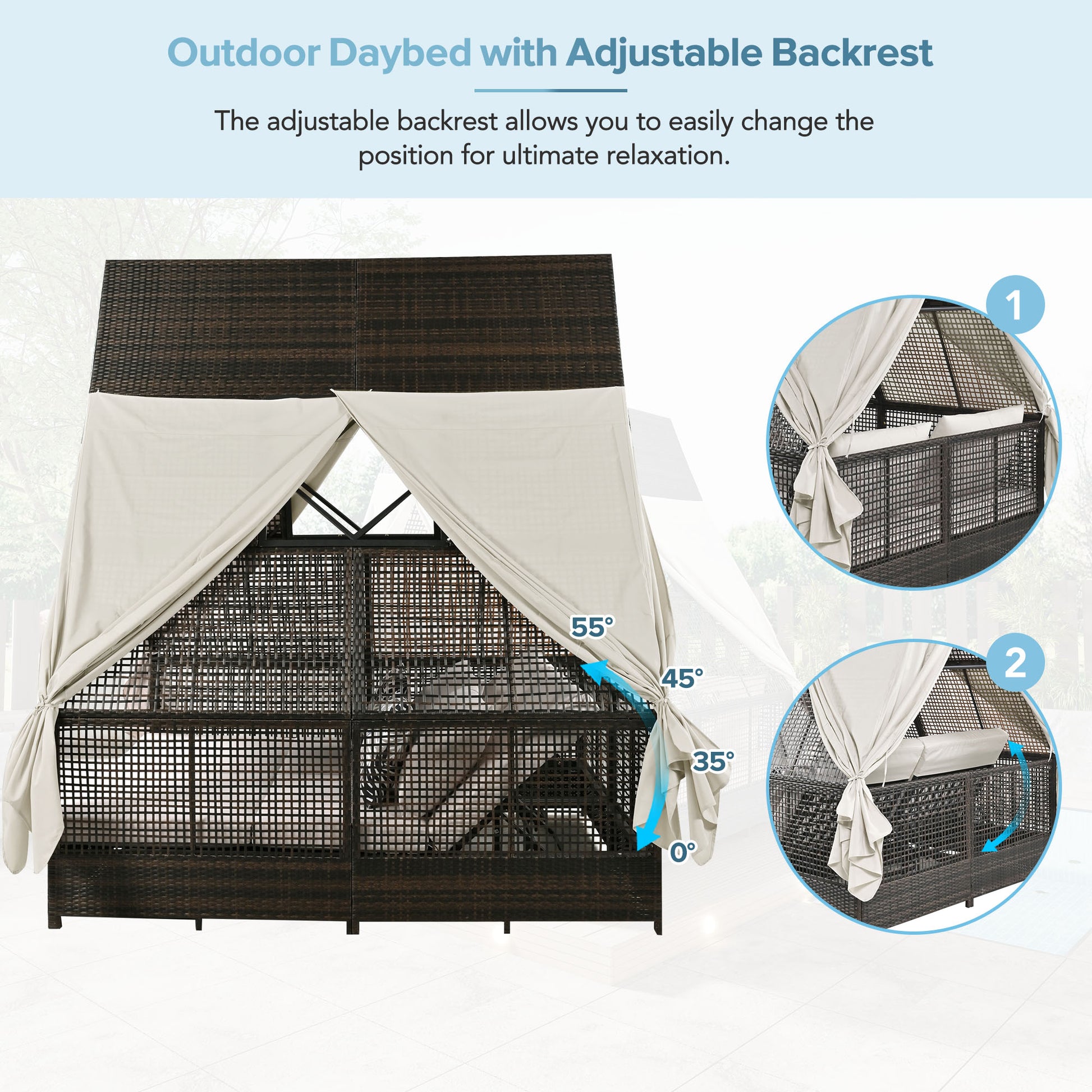 Outdoor Daybed Patio Lounge Bed With Adjustable Backrest Outdoor Double Sun Lounger With Curtains, 4 Pillows For Garden Patio Poolside Balcony Beach, Beige Yes Beige Water Resistant Frame Water Resistant Cushion Garden & Outdoor Sectional Seating Groups