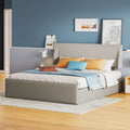Queen Size Sleigh Bed With Side Tilt Hydraulic Storage System, Linen Upholstery, Gray Gray Linen