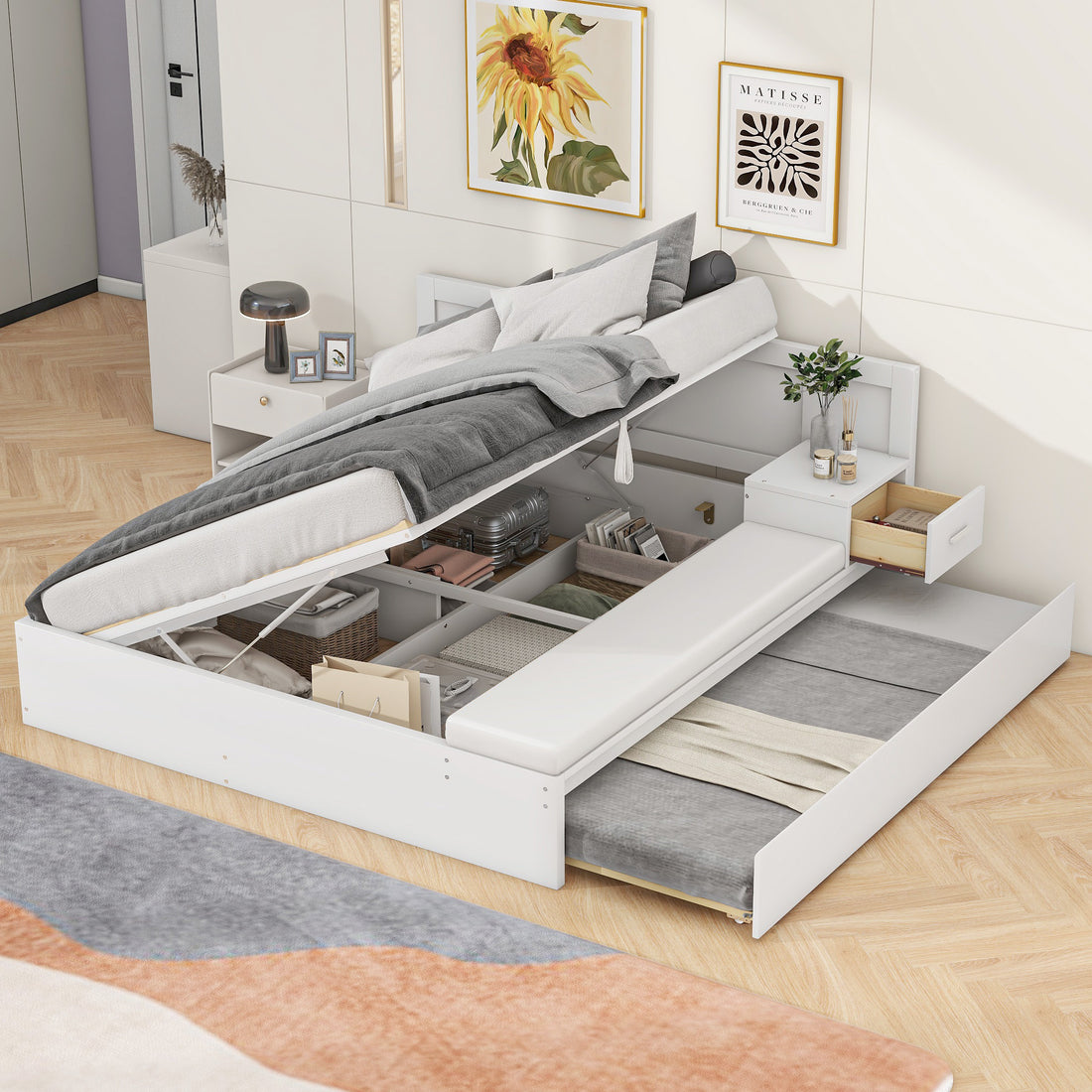 Full Size Wood Storage Hydraulic Platform Bed With Twin Size Trundle, Side Table And Lounge, White Box Spring Not Required Full White Wood Bedroom Bed Frame Solid Wood Mdf