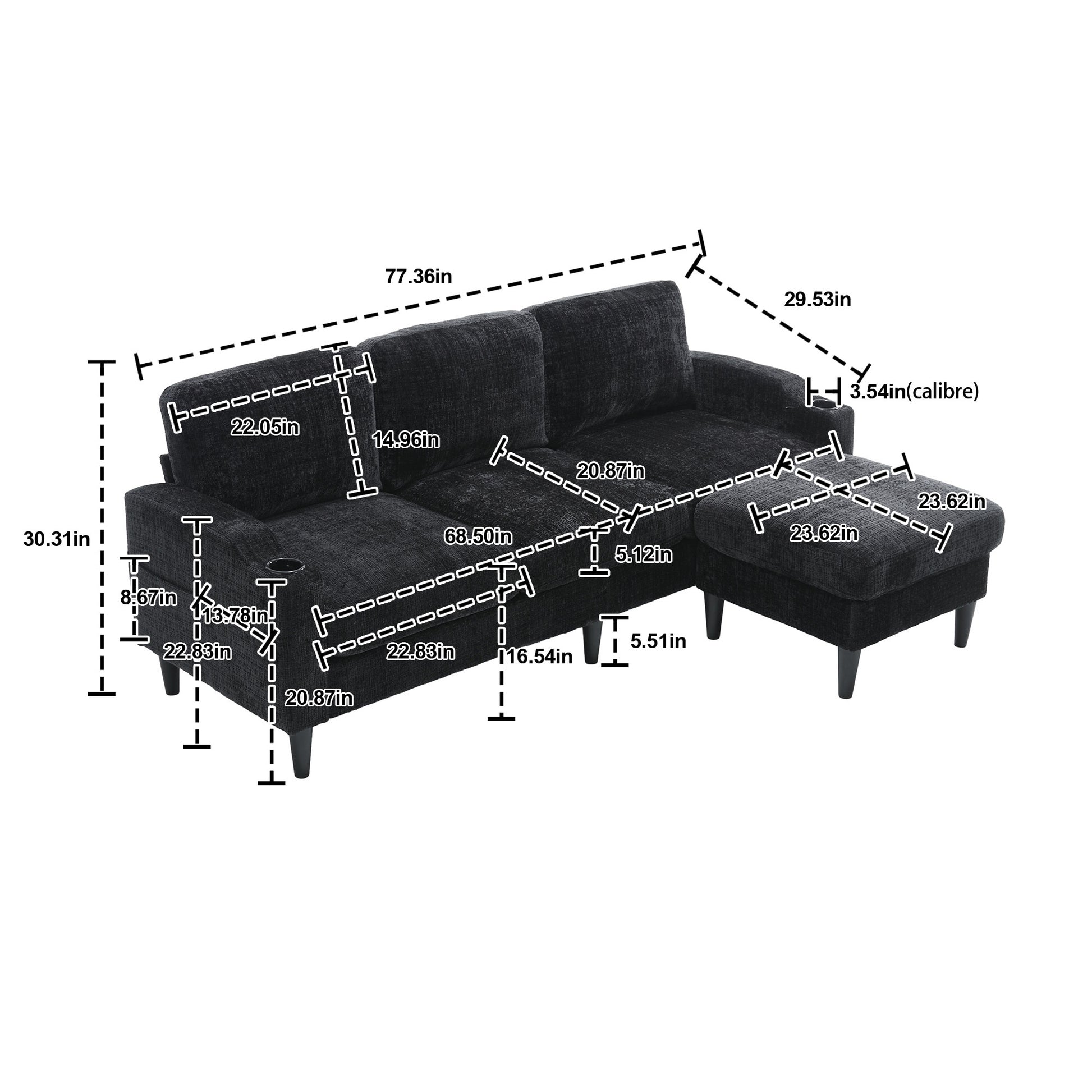 United Storage Sofa Living Room Sofa Cozy Sectional Sofa Black Polyester 3 Seat