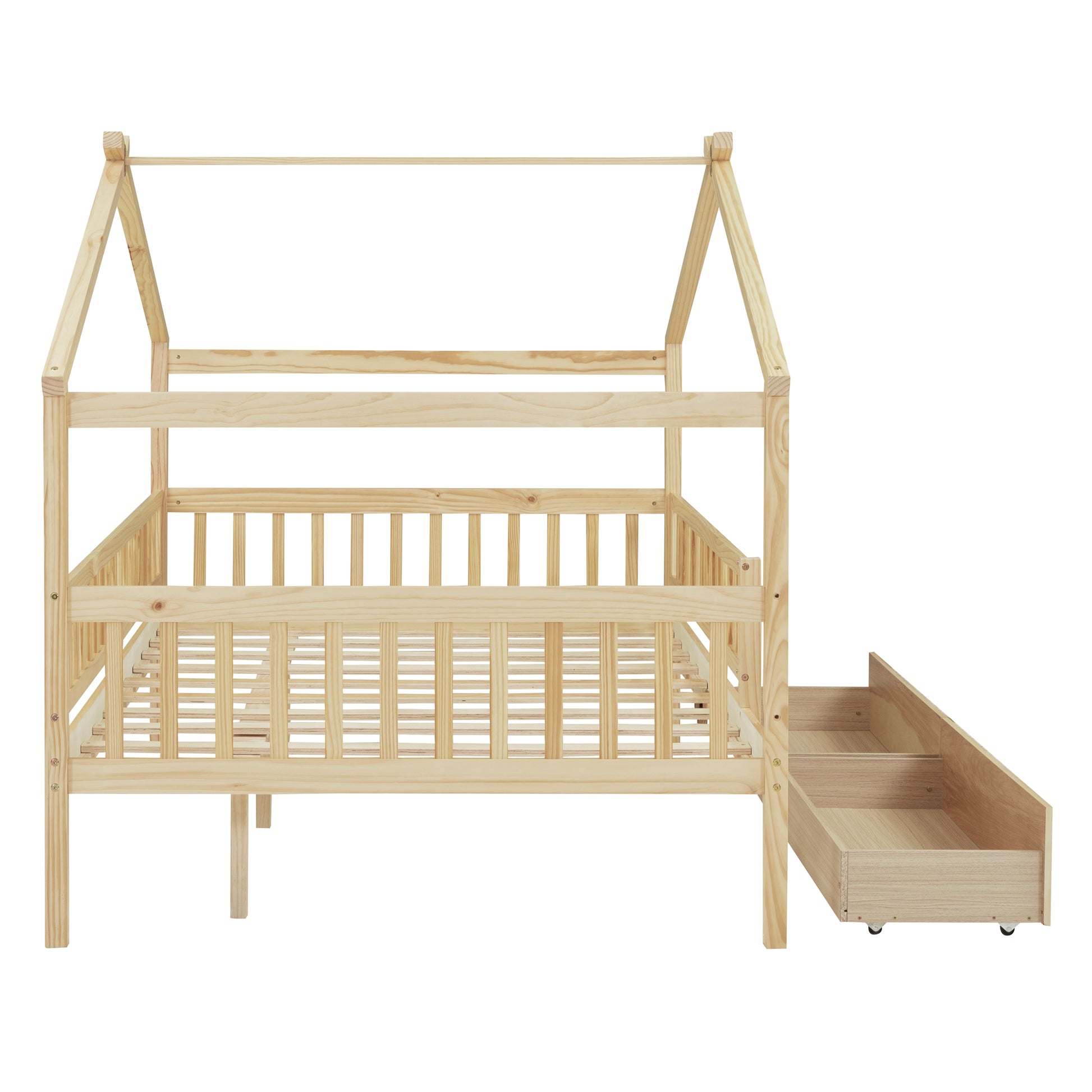 Full Size Wooden House Bed With Two Drawers, Natural Box Spring Not Required Full Natural Wood Bedroom Pine Bed Frame Wood