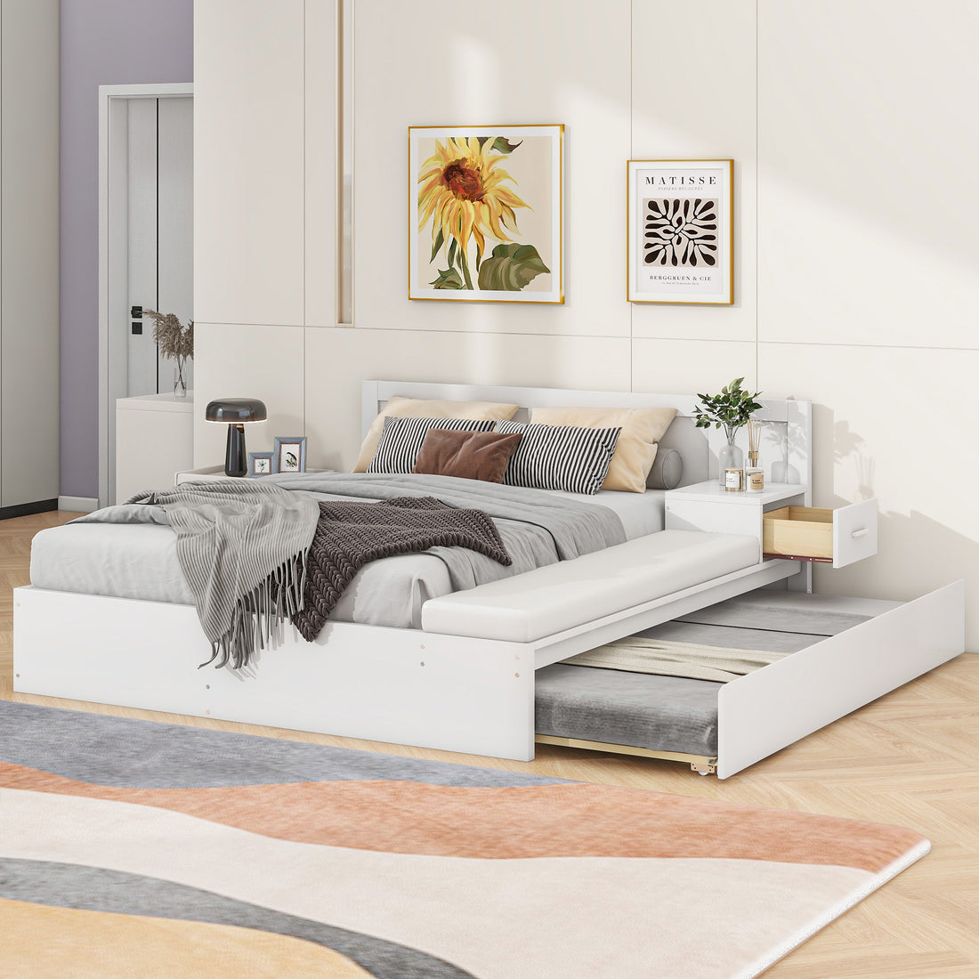 Full Size Wood Storage Hydraulic Platform Bed With Twin Size Trundle, Side Table And Lounge, White Box Spring Not Required Full White Wood Bedroom Bed Frame Solid Wood Mdf