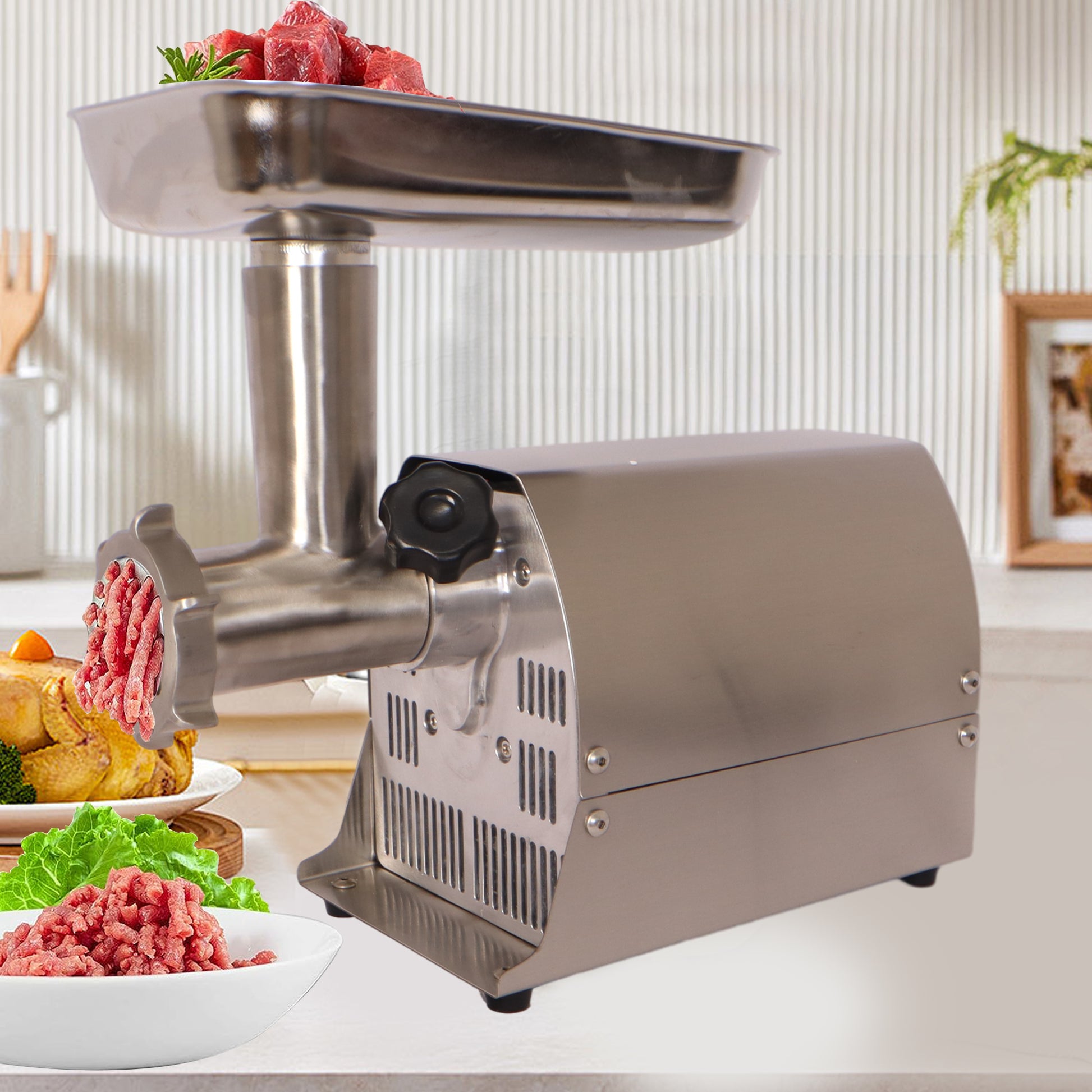Meat Grinder Commercial Meat Grinding Machine Electric Meat Chopper Mincer With 4 6 8Mm Grinding Plates & Stuffing Tubes Stainless Steel Aqua Grey Kitchen Stainless Steel