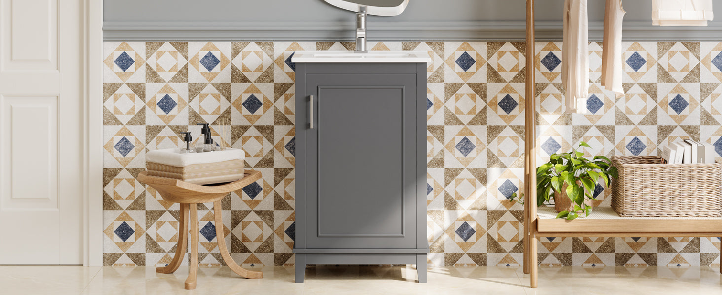 Viedo 20 Inch Modern Small Bathroom Vanity Cabinet With Ceramic Basin 20*15.5*33.3 Inches,Ample Storage,1 Soft Close Door Gray Solid Wood Mdf