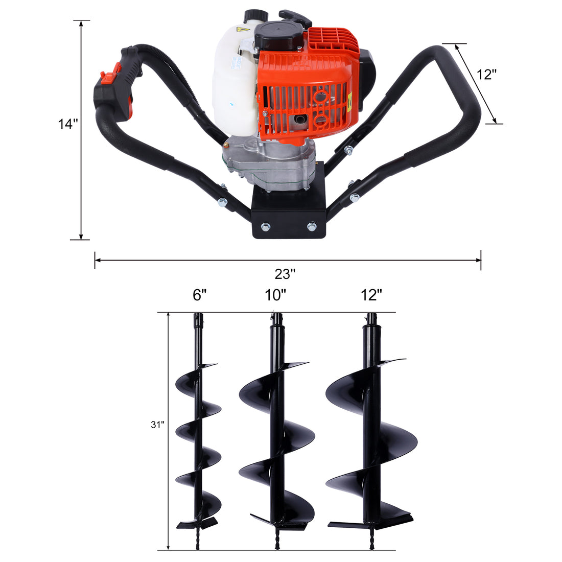 V Type 52Cc 2 Stroke Gas Post Hole Digger One Man Auger Epa Machine Plant Soil Digging Fence Withhole Digger Replacement Auger Bits L6" L10" L12" Drill Bits Black Steel