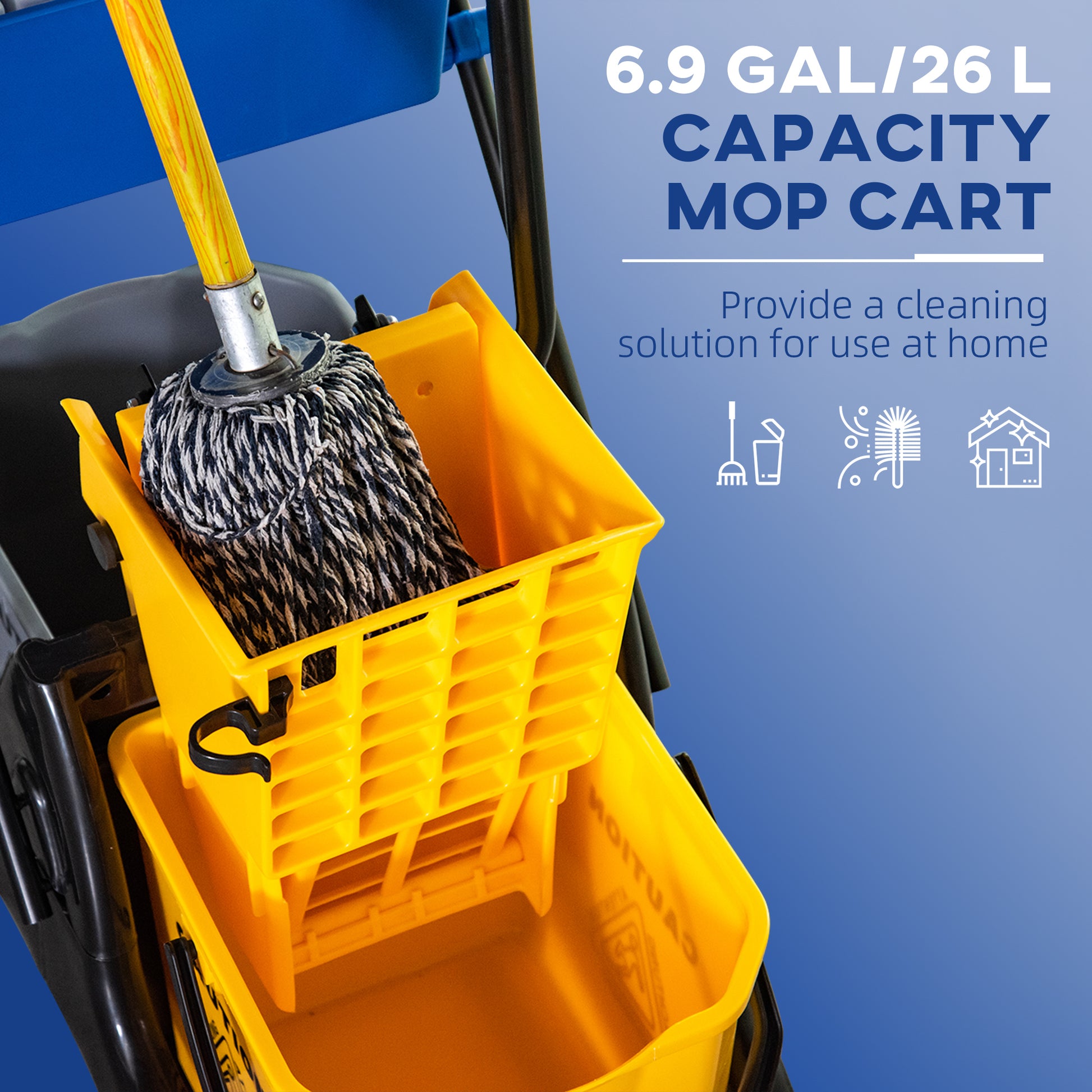 Homcom 6.9 Gallon Mop Water Bucket Wringer Cart With Easy To Use Side Press Wringer, Smooth Wheels, Mop Handle Holder Yellow Plastic