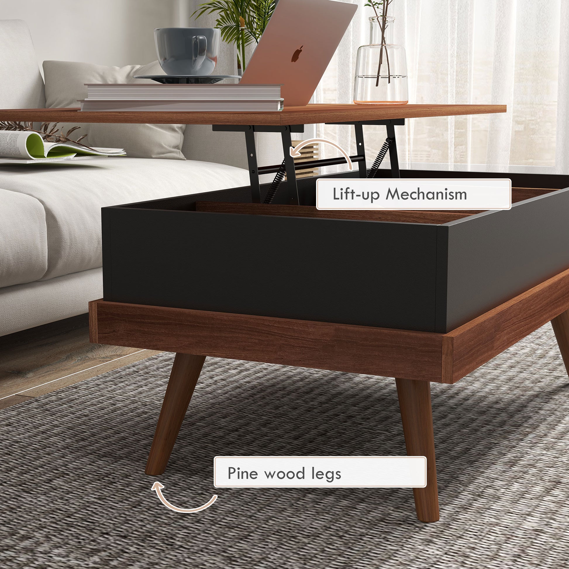 Homcom Lift Top Coffee Table, 39.25" Coffee Table With Hidden Compartments And Wood Legs, Walnut Natural Particle Board