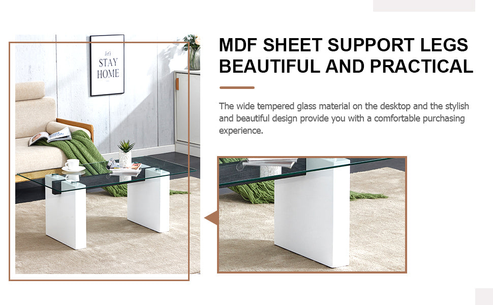 Modern Minimalist Transparent Tempered Glass Coffee Tablepaired With White Mdf Decorative Columns. Computer Desk. Game Table. Ct 1546 Transparent Glass