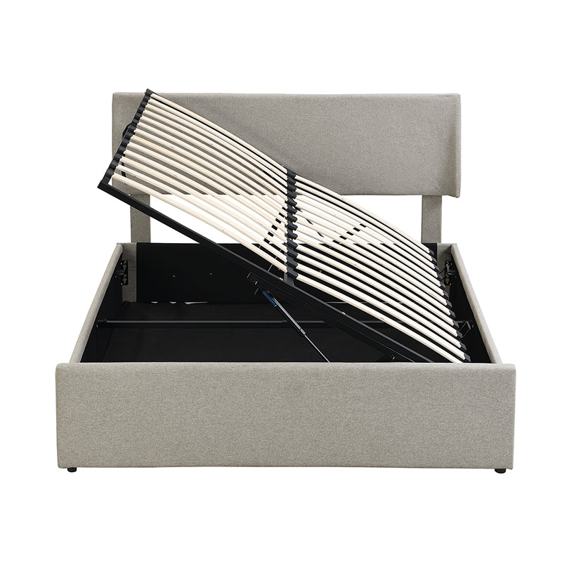 Queen Size Sleigh Bed With Side Tilt Hydraulic Storage System, Linen Upholstery, Gray Gray Linen