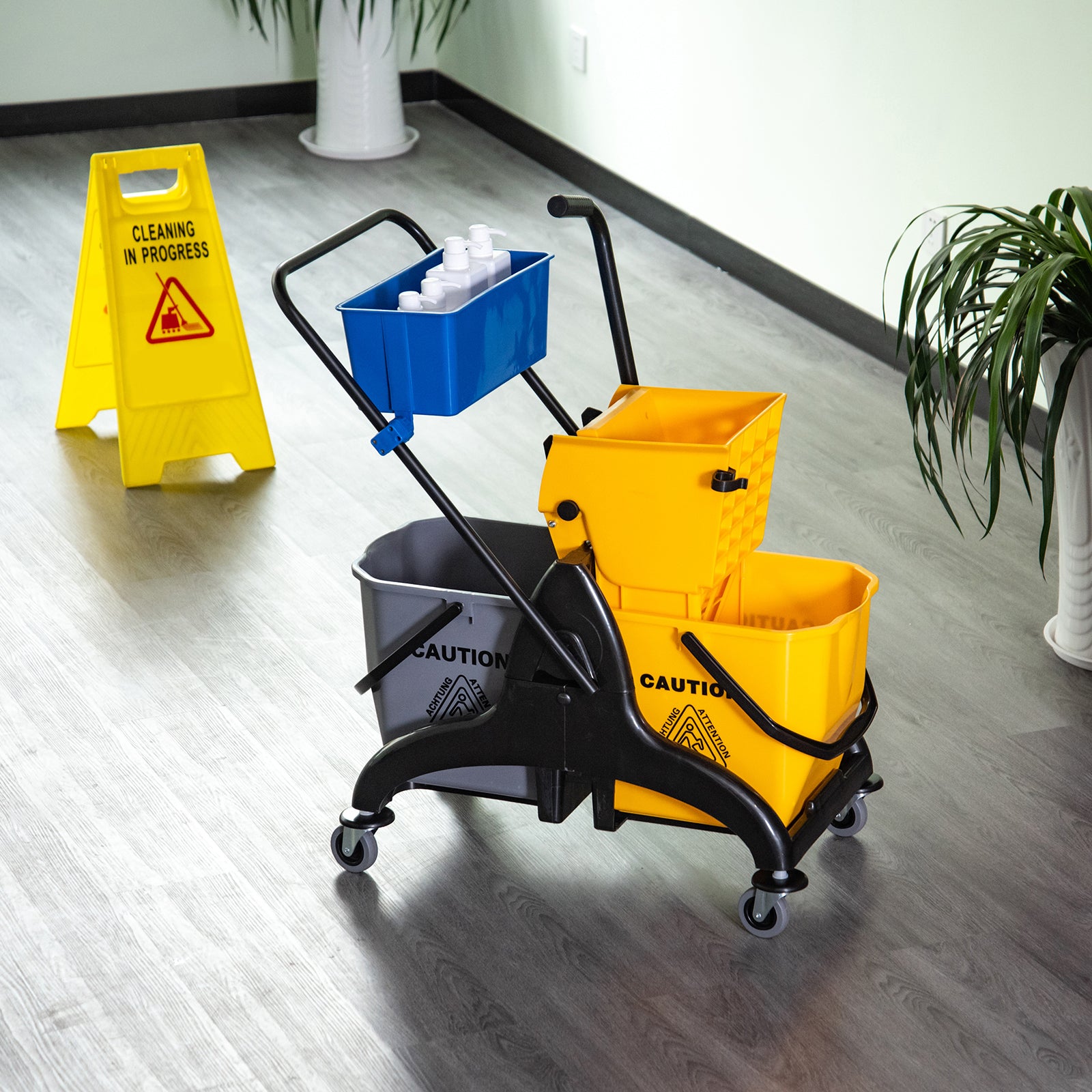 Homcom 6.9 Gallon Mop Water Bucket Wringer Cart With Easy To Use Side Press Wringer, Smooth Wheels, Mop Handle Holder Yellow Plastic