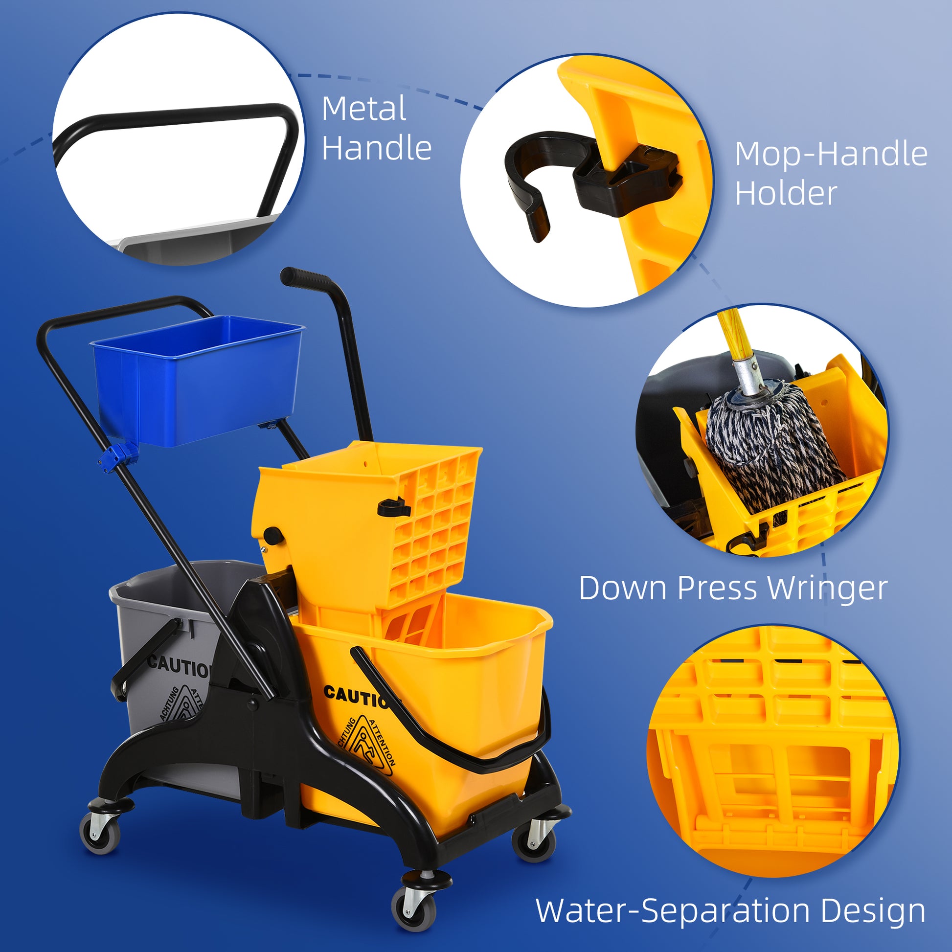 Homcom 6.9 Gallon Mop Water Bucket Wringer Cart With Easy To Use Side Press Wringer, Smooth Wheels, Mop Handle Holder Yellow Plastic